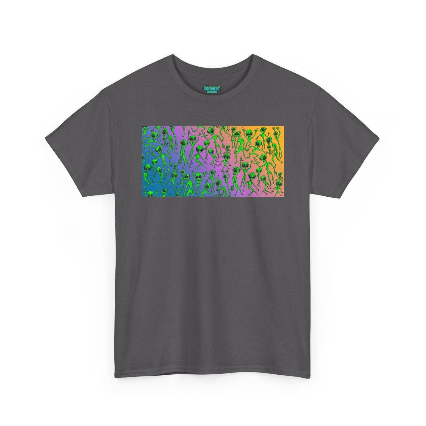 Alien Dance Party Gradient Tee — Colorful Psychedelic Green Aliens Art T-Shirt