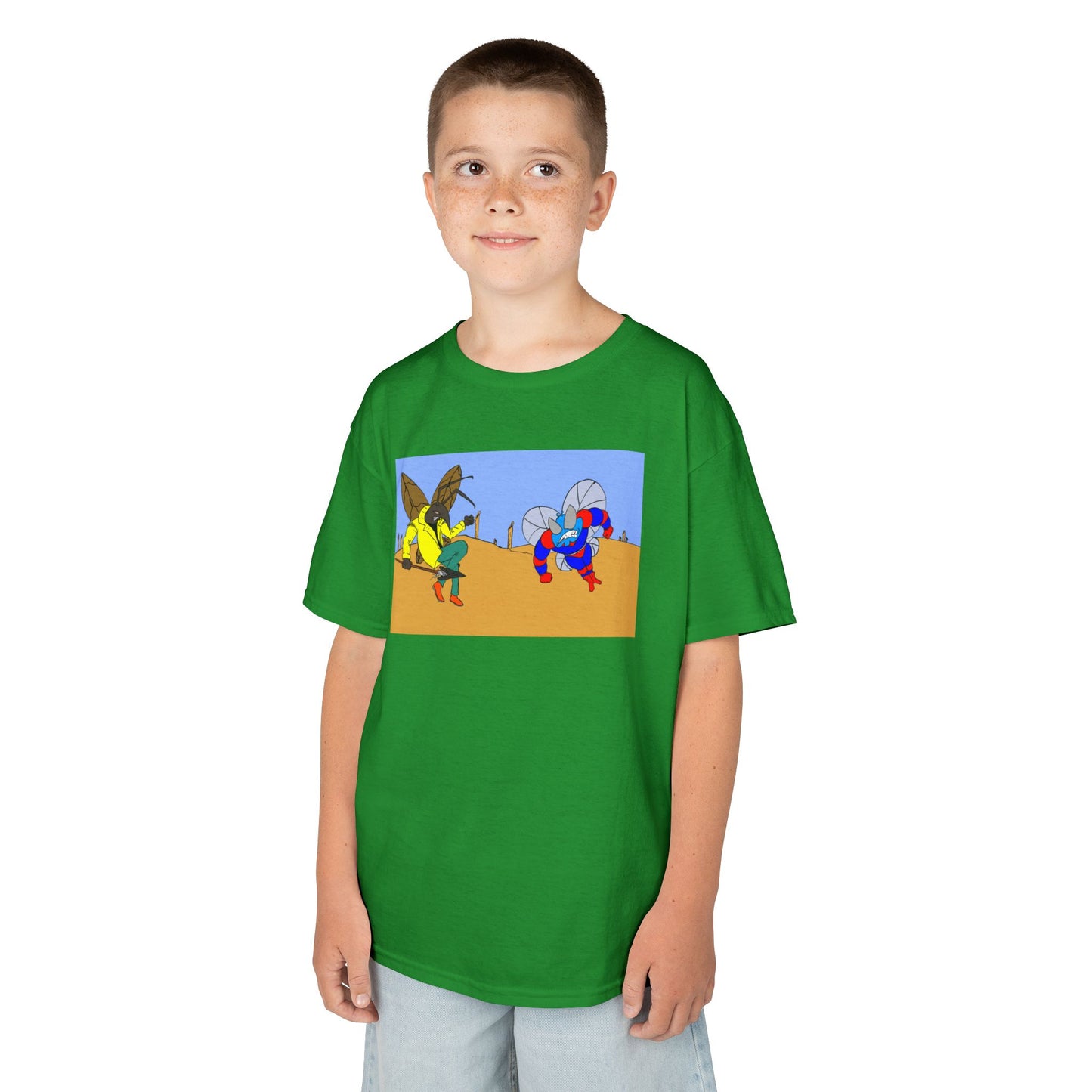 Astro-Fly and Wasp Warrior Kids Tee — Colorful Desert Beetle Cartoon Illustration