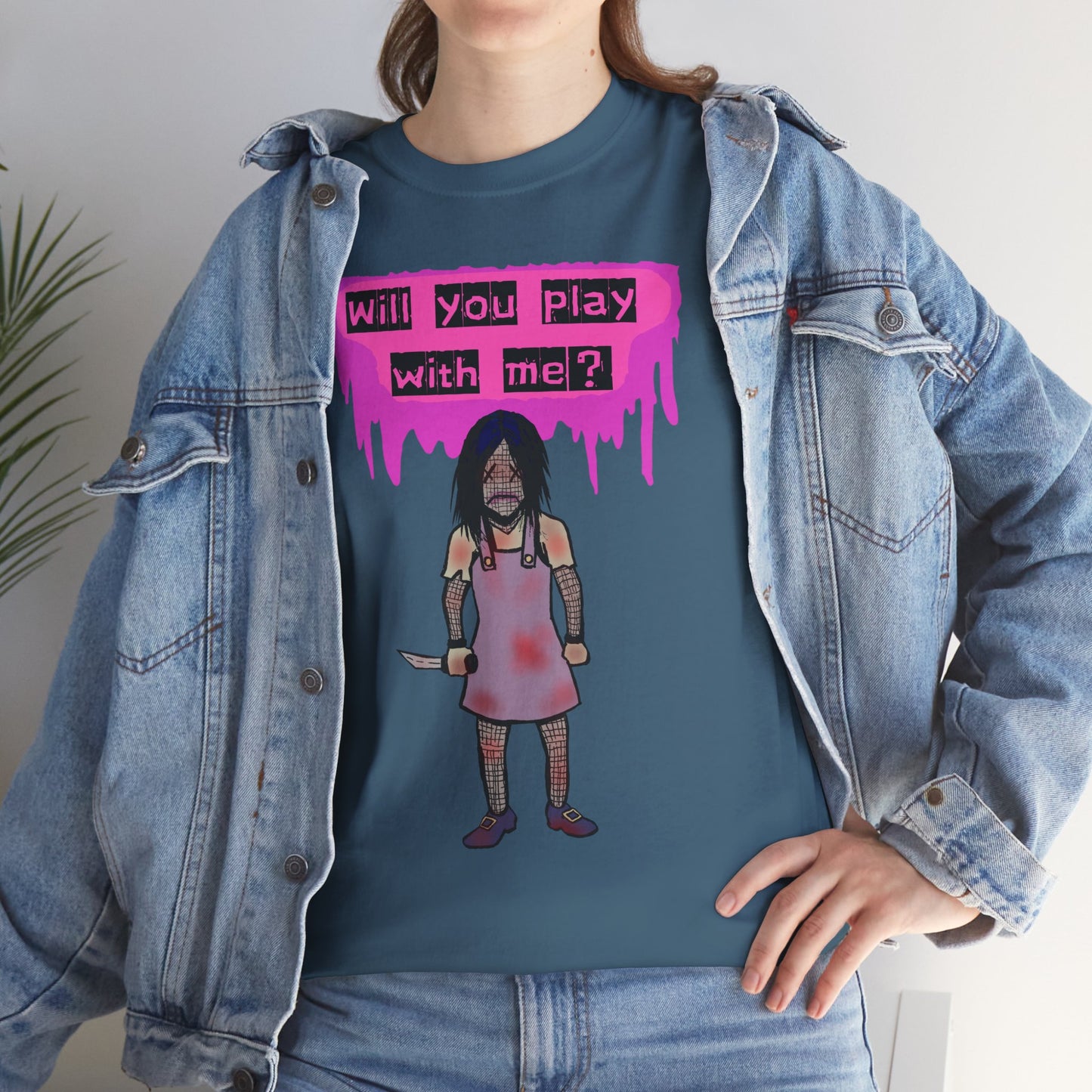 Playful Evil Doll Horror Graphic Tee, Unisex Heavy Cotton Shirt, Casual Wear, Unique Gift, Halloween Costume, Quirky Fashion