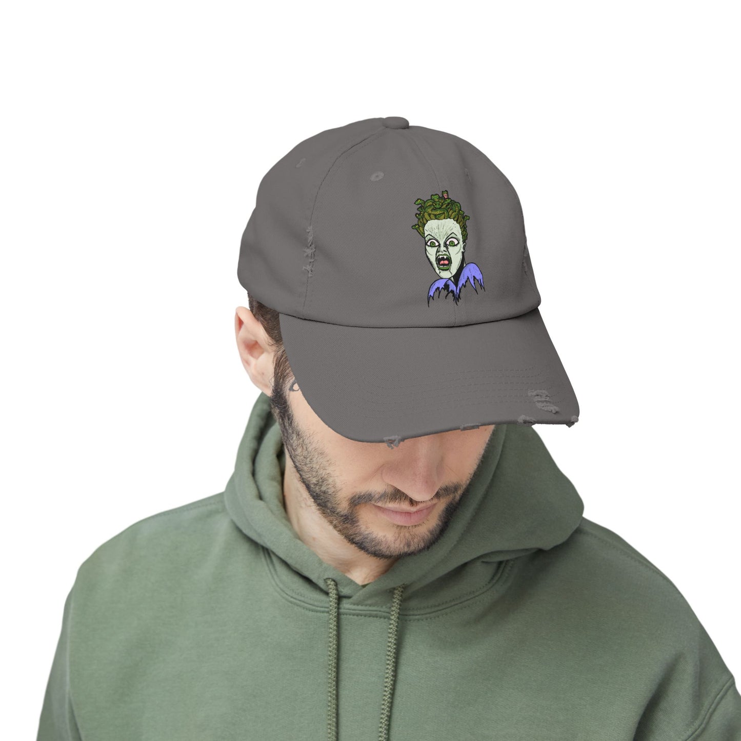 Medusa Unisex Distressed Cap with Eerie Design, Casual Hat, Halloween Accessory, Statement Cap, Gift for Horror Fans, Trendy Distressed Hat