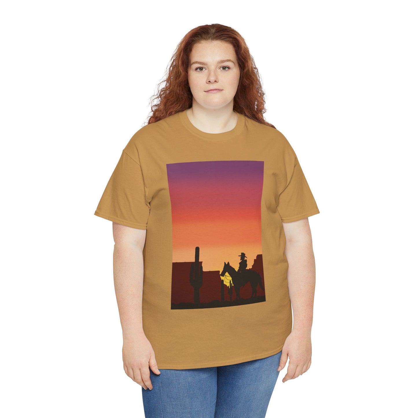 Sunset Cowboy Unisex Heavy Cotton Tee - Western Graphic Tee for Nature Lovers