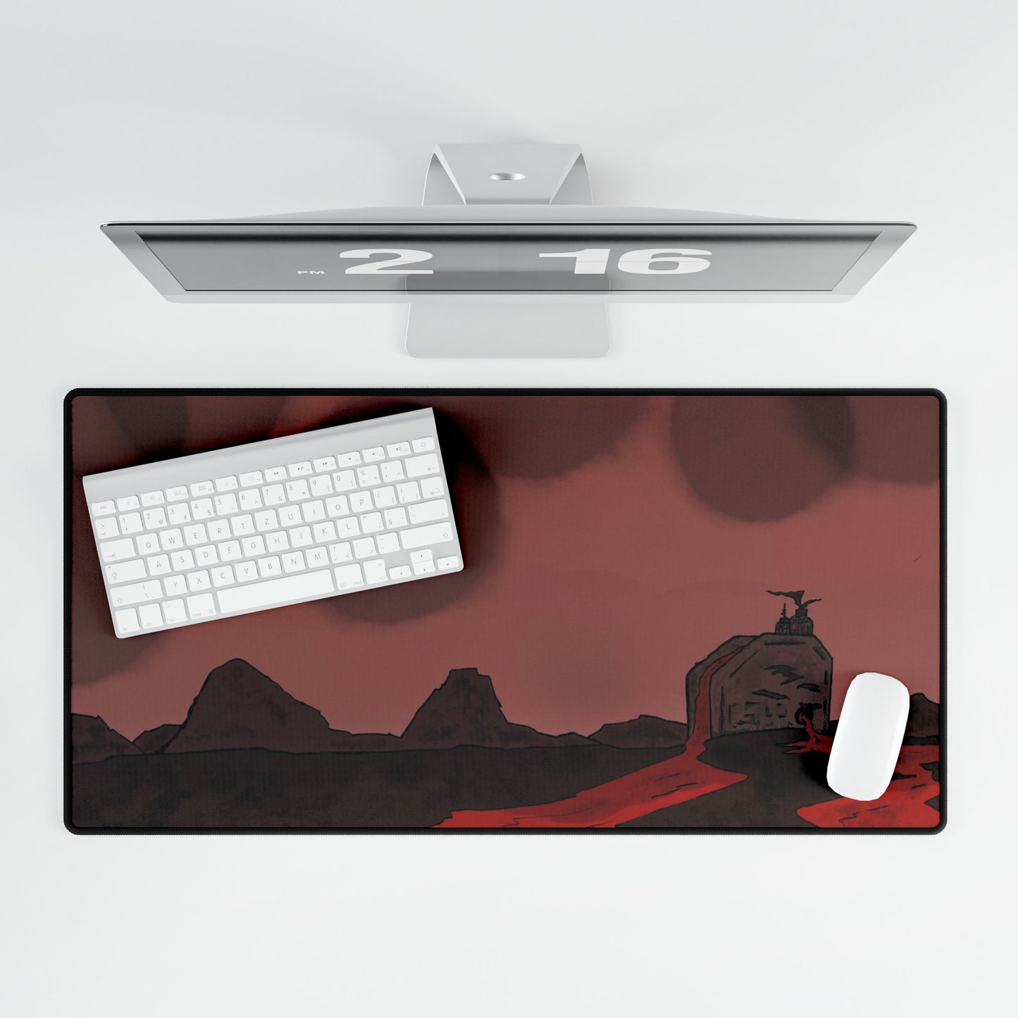 Lone Watcher Lava Desk Mat and Card Playing Mat — Red Alien Landscape Gaming Mouse Pad