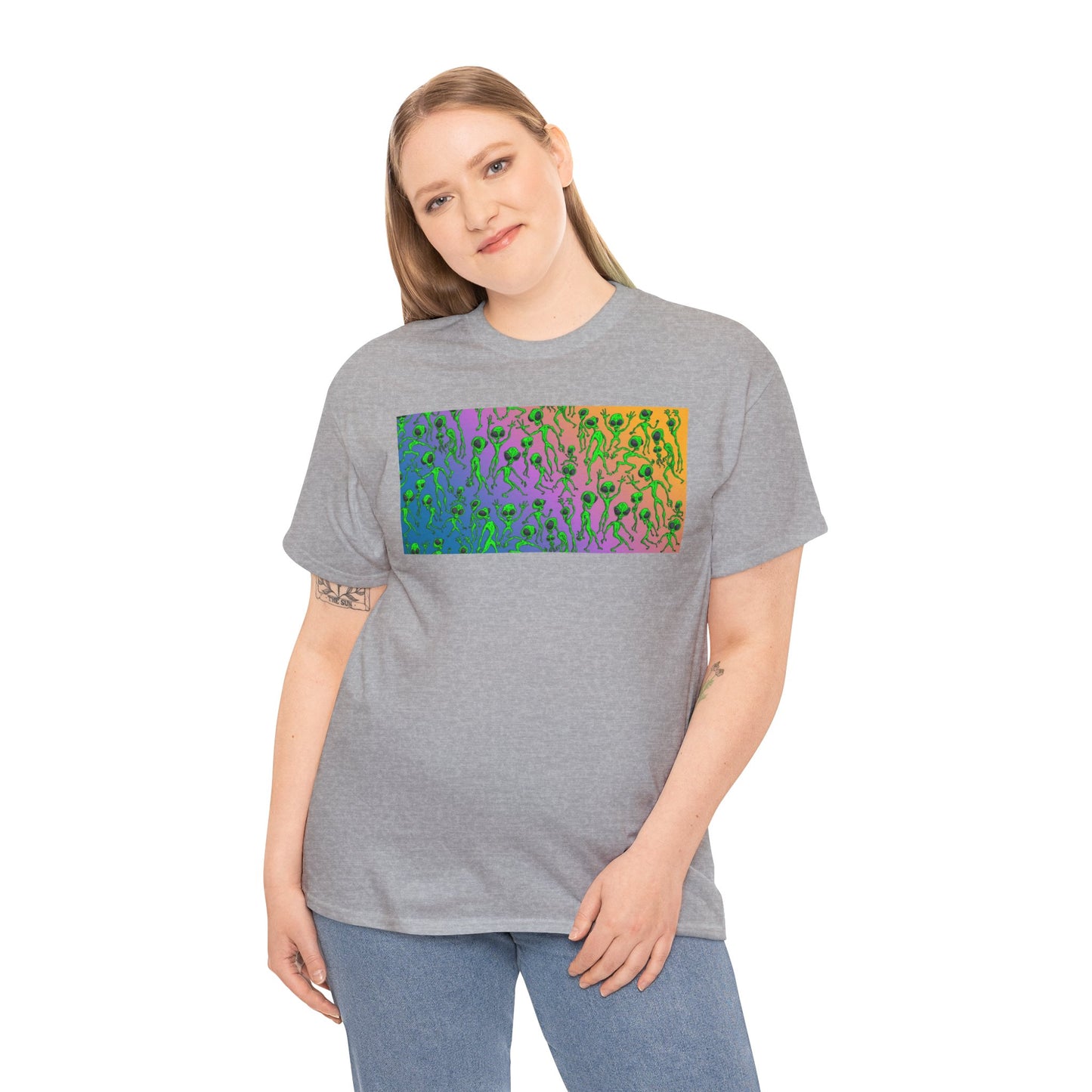 Alien Dance Party Gradient Tee — Colorful Psychedelic Green Aliens Art T-Shirt