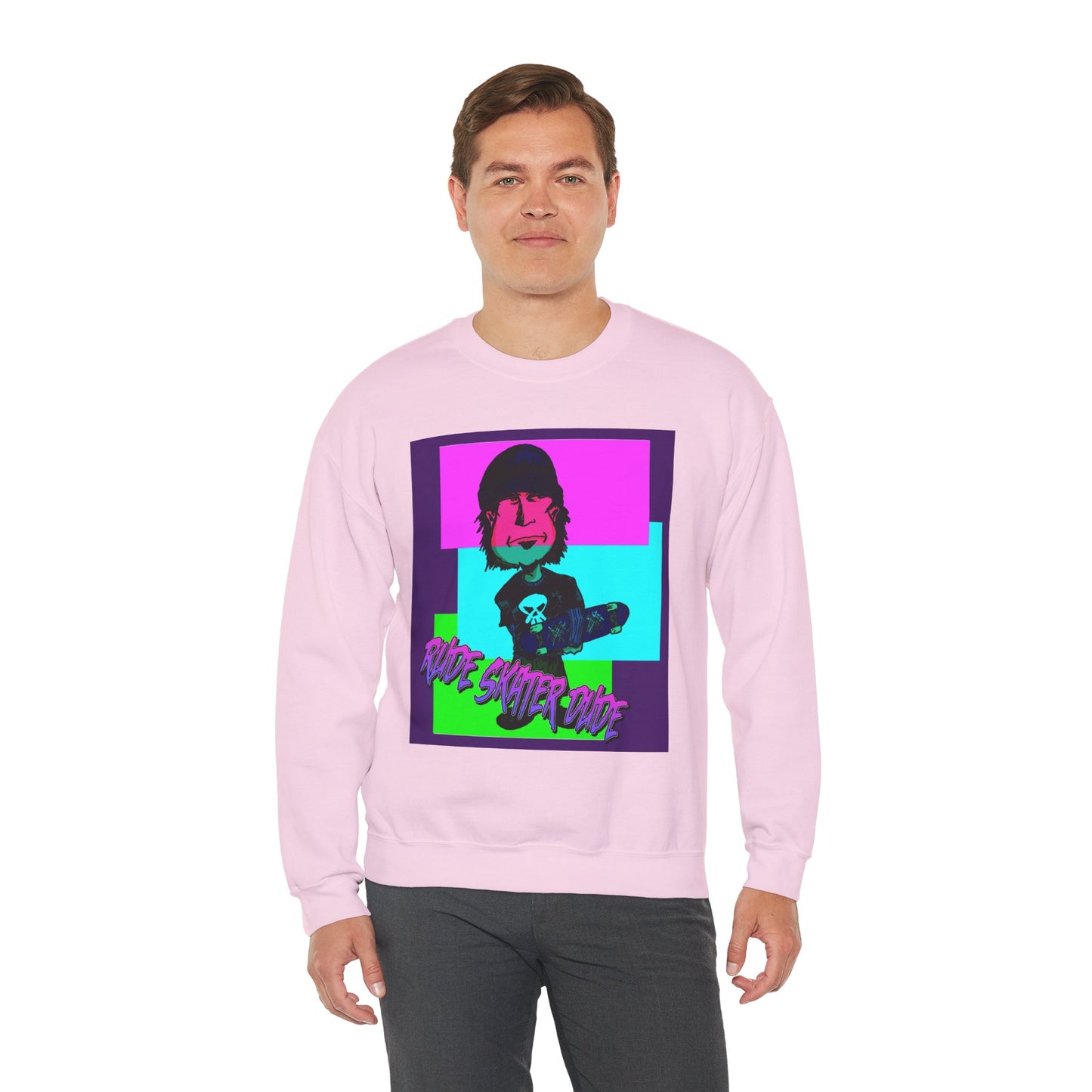 Crewneck Sweatshirt — Retro Neon Skate Punk "Rude Skater Dude" Graphic