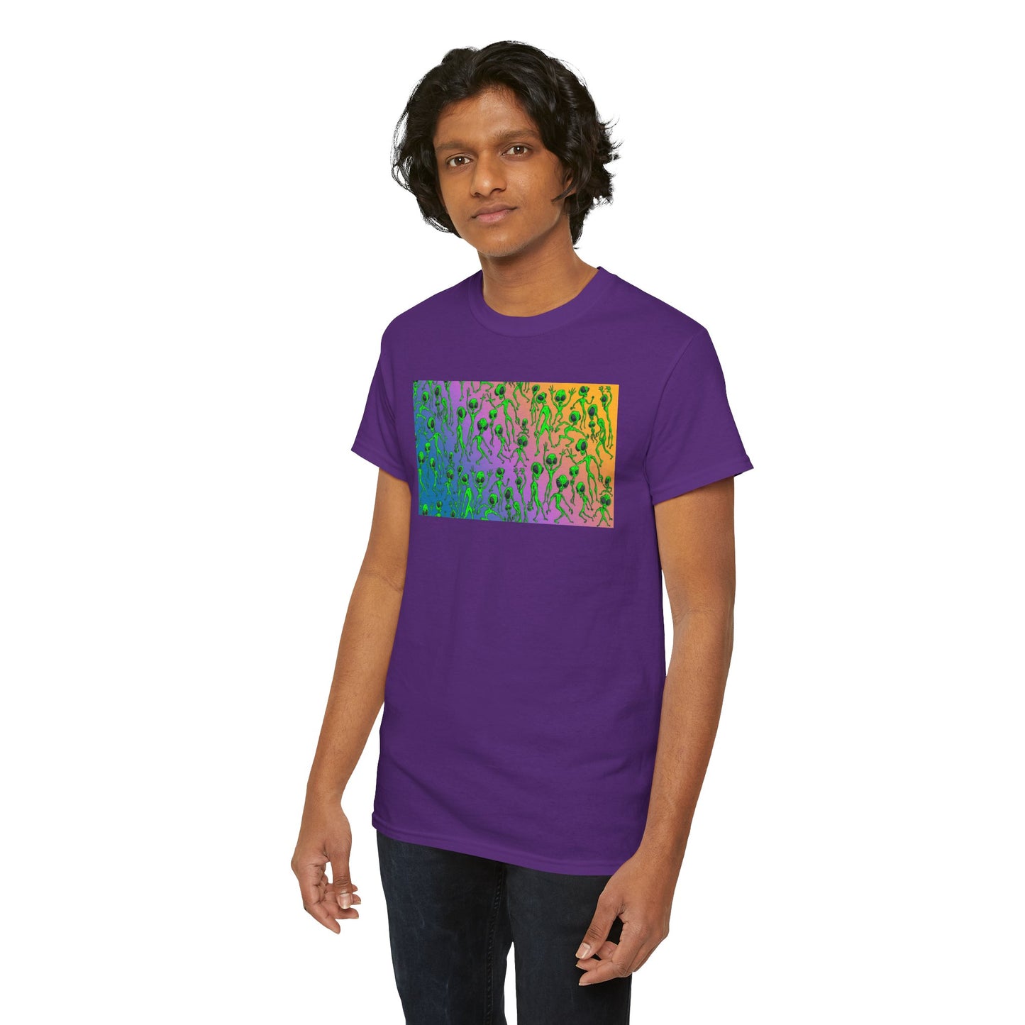 Alien Dance Party Gradient Tee — Colorful Psychedelic Green Aliens Art T-Shirt