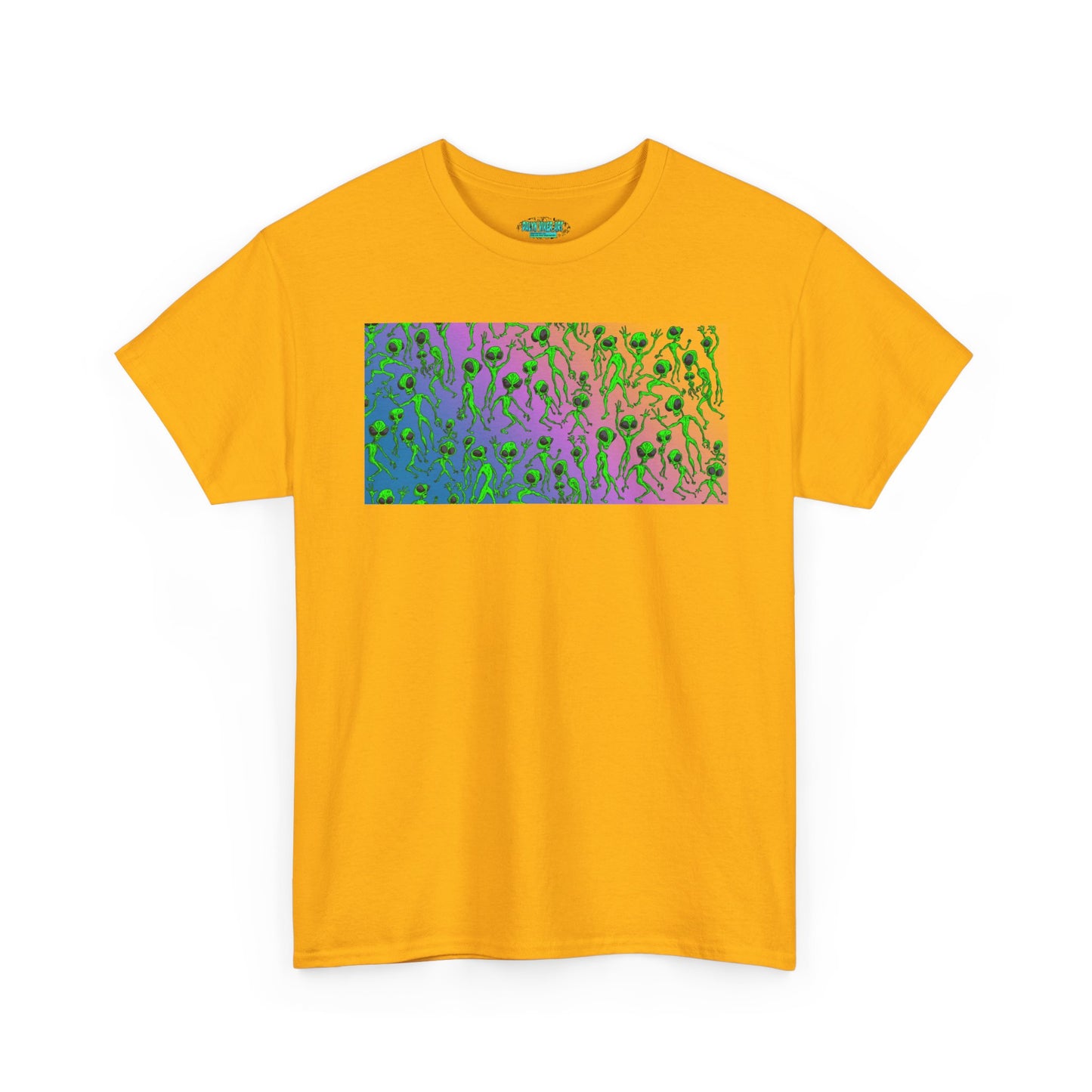 Alien Dance Party Gradient Tee — Colorful Psychedelic Green Aliens Art T-Shirt