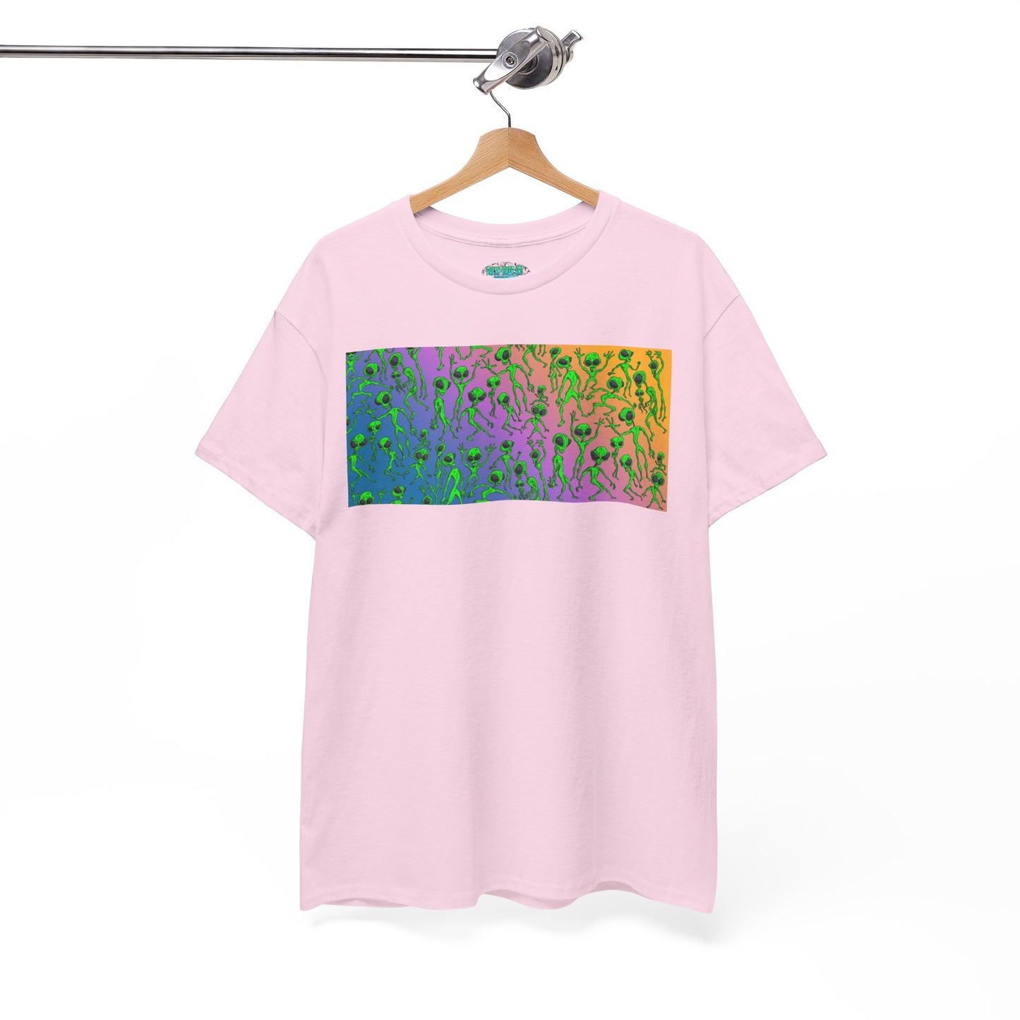 Alien Dance Party Gradient Tee — Colorful Psychedelic Green Aliens Art T-Shirt