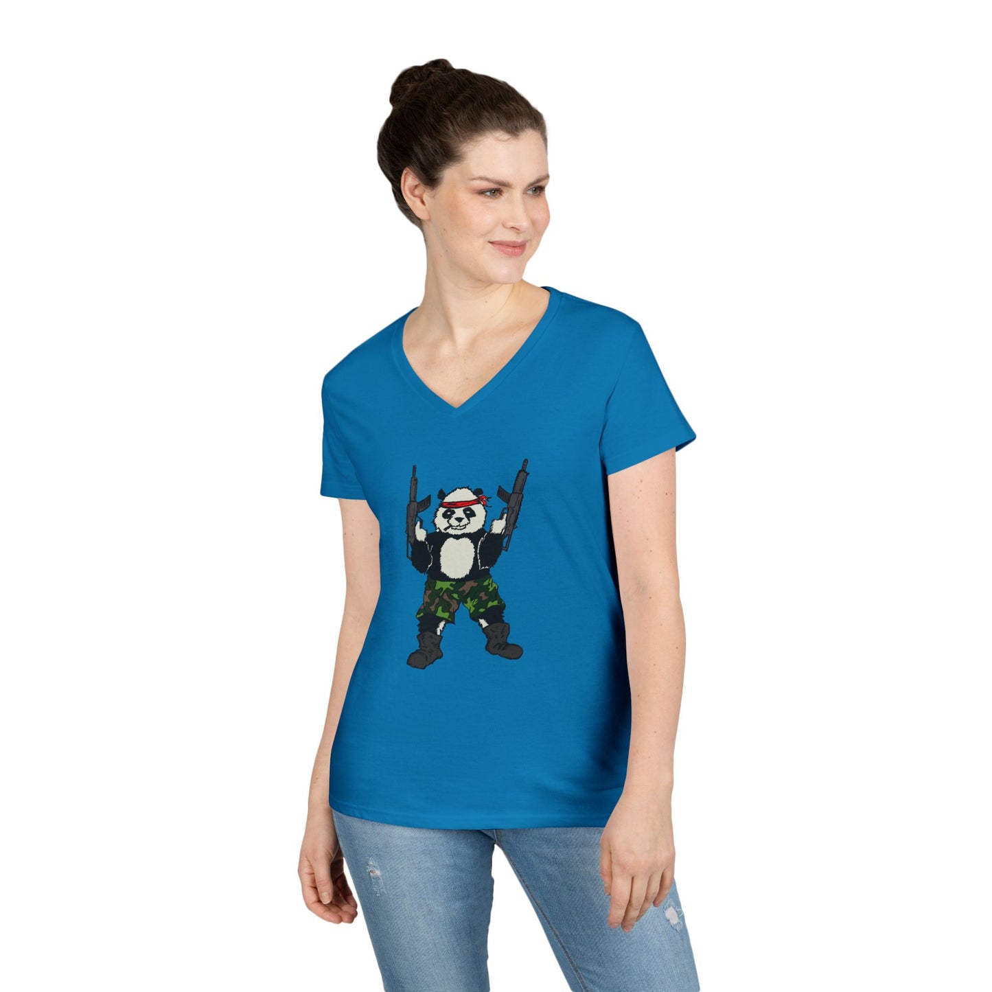 Ladies' V-Neck T-Shirt - Cool Panda with Guns Graphic Tee