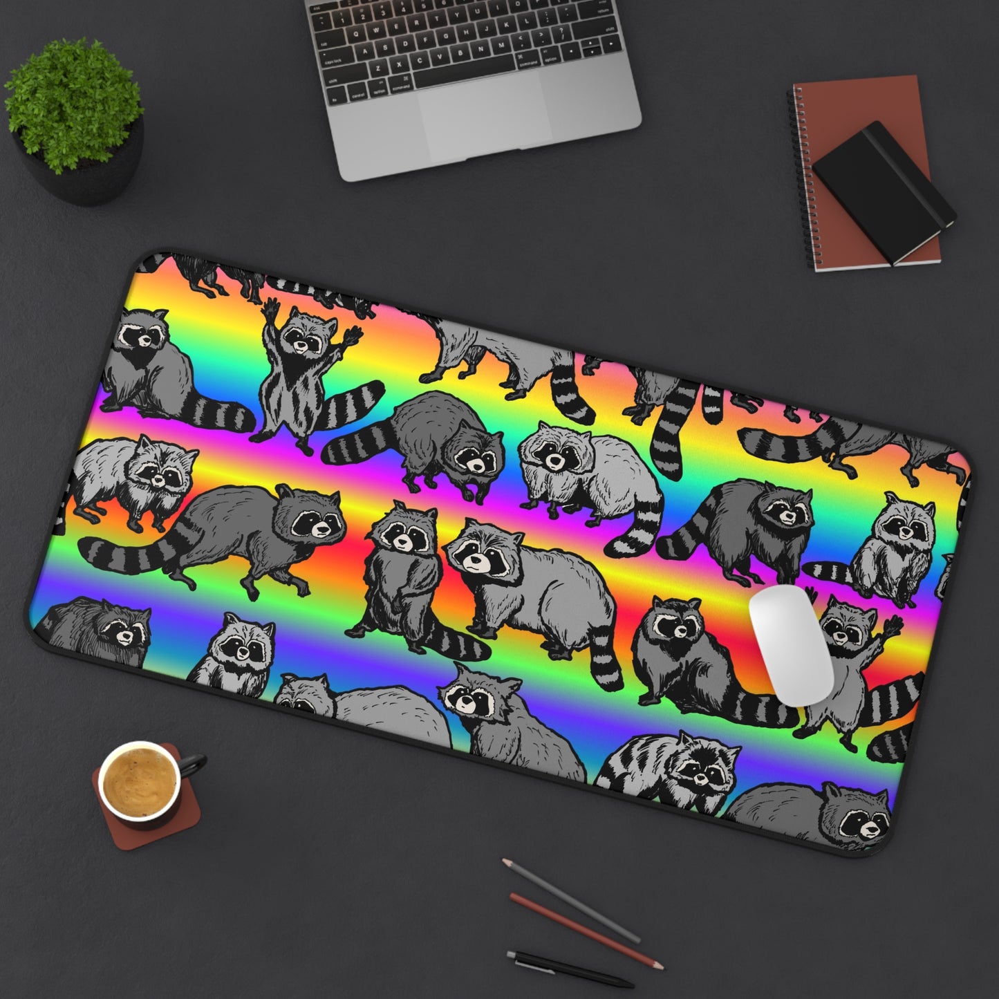 Rainbow Raccoon Desk Mat — Cute Colorful Gaming/Office Mouse Pad