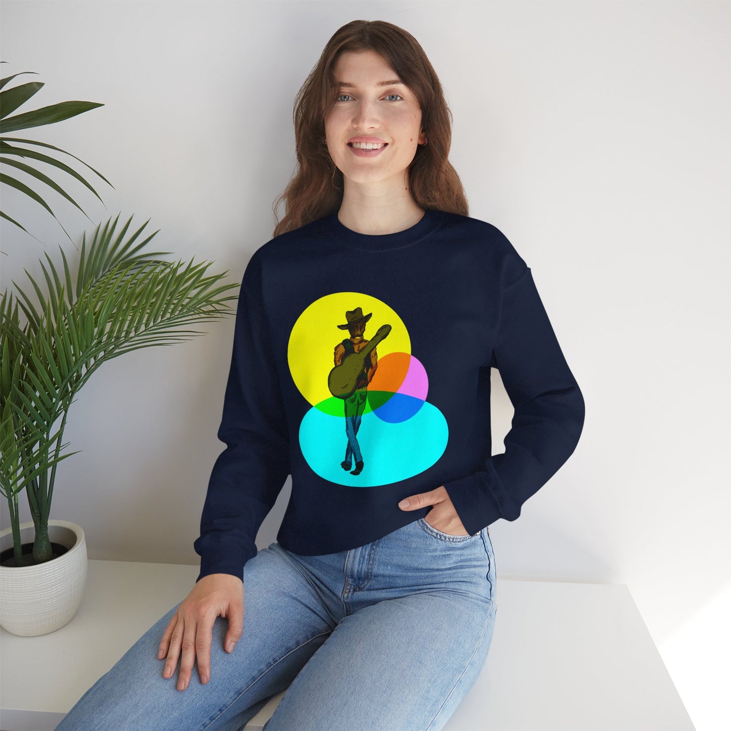 Cowboy Guitarist Graphic Sweatshirt — Retro Color Spot Music Pullover