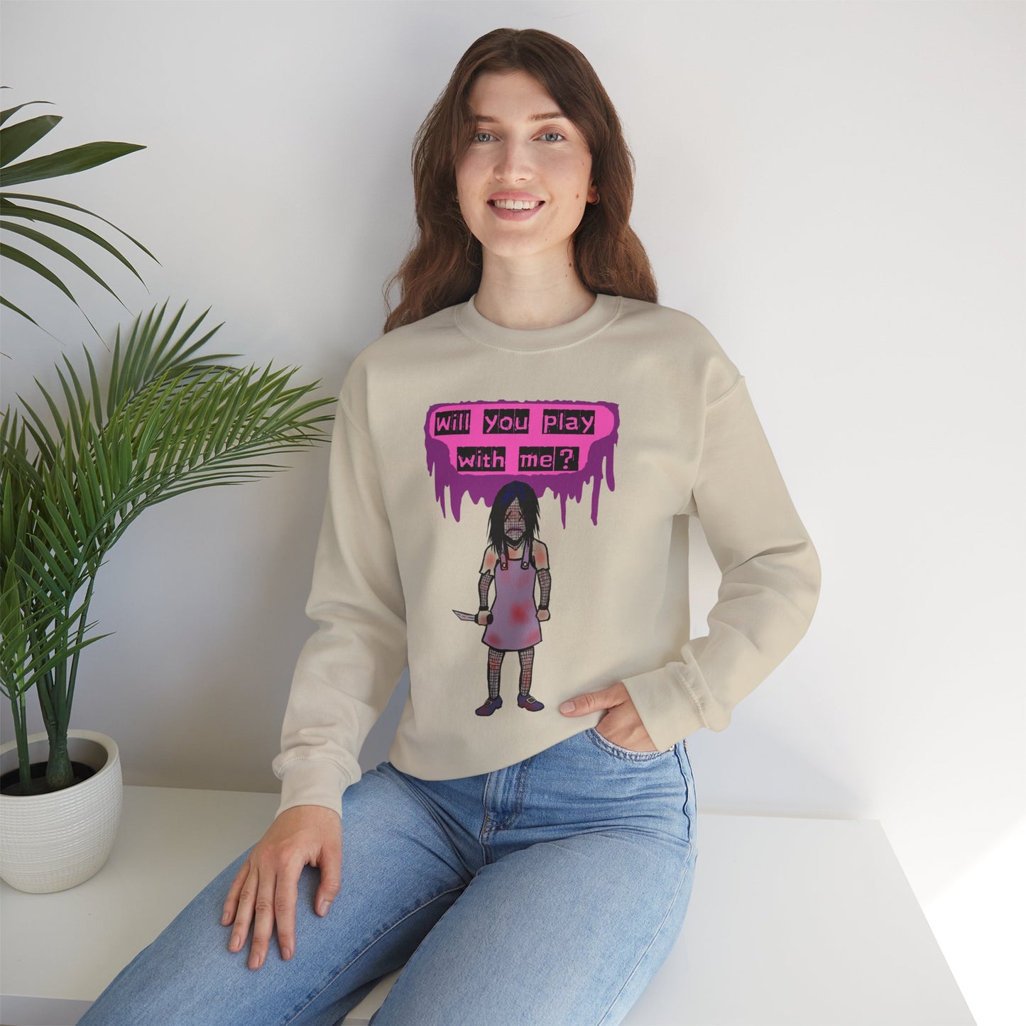 Evil Doll GHOSTLY VINTAGE UNISEX CREWNECK SWEATSHIRT - "Will You Play With Me?"