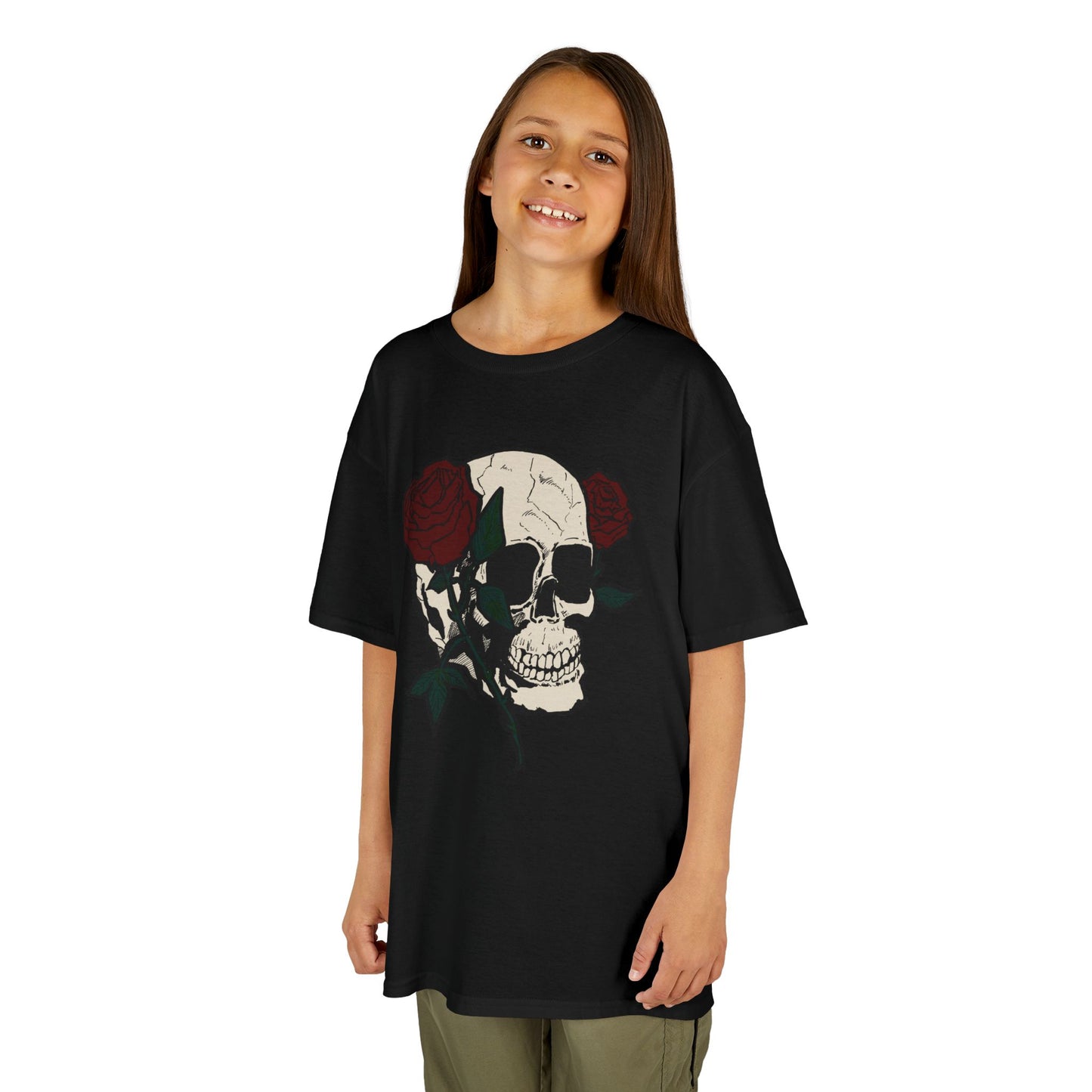 Kids Heavy Cotton Tee - Skull and Roses Graphic Tee for Trendy Kids