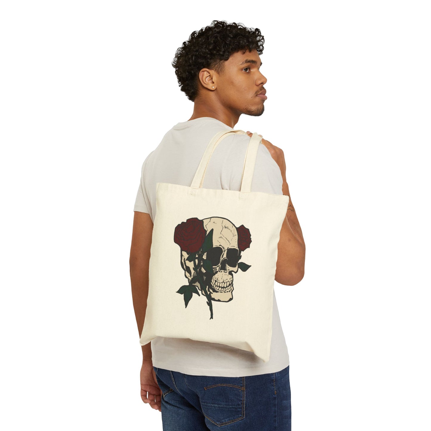 Skull & Roses Canvas Tote Bag — Gothic Floral Reusable Shopper