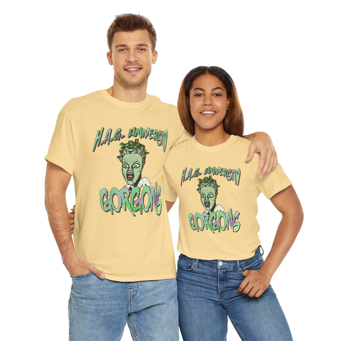H.A.G. University Gorgons Unisex Heavy Cotton Tee - Spooky & Fun Graphic T-Shirt