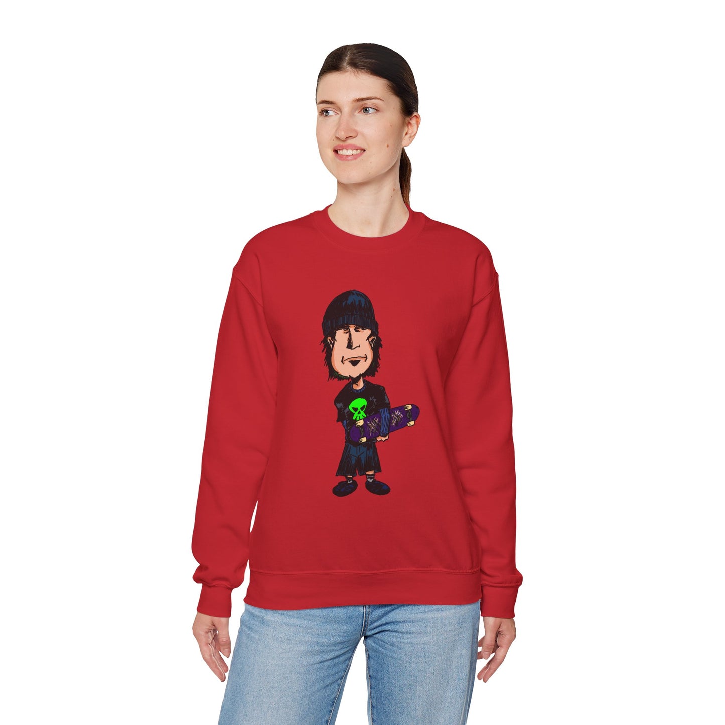 Rude Skater Dude - Cartoon Skate Punk Crewneck Sweatshirt — Retro Skateboard Character Graphic