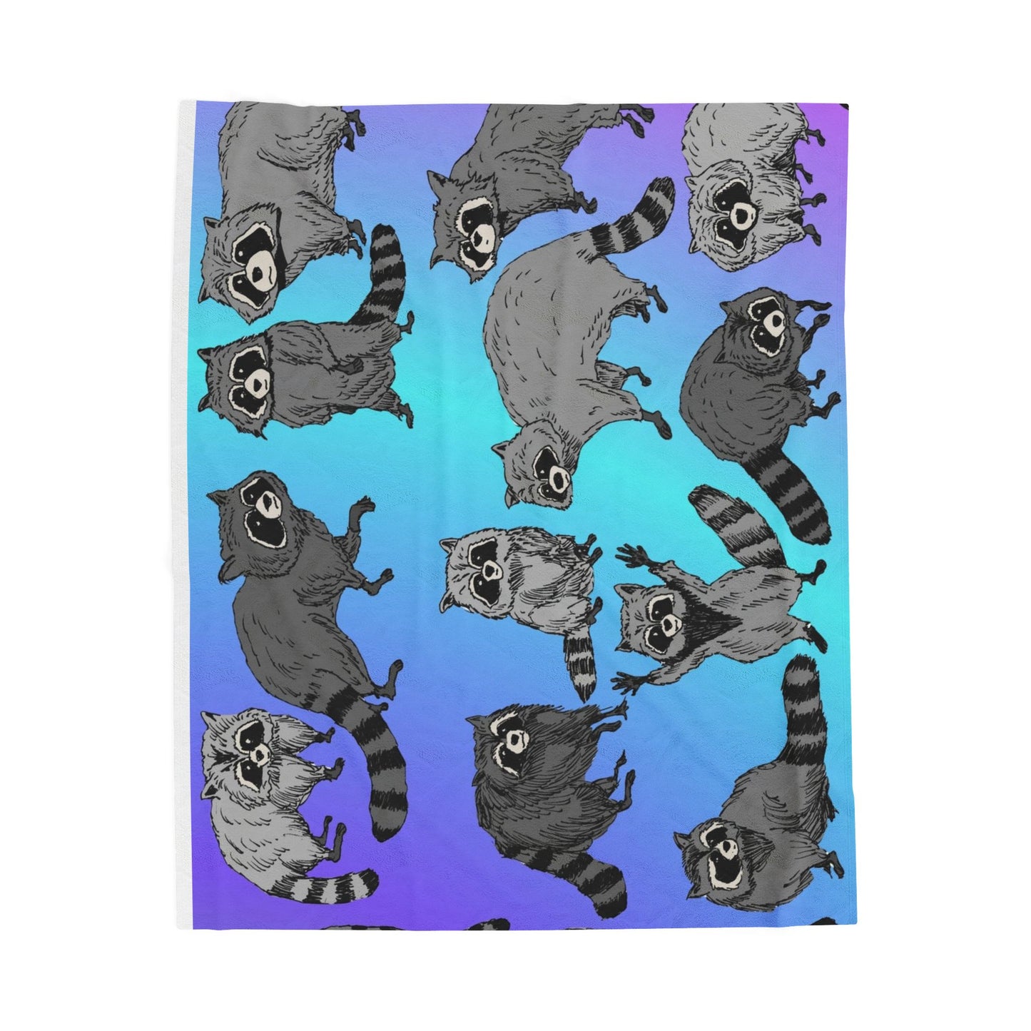 Raccoon Pattern Velveteen Plush Blanket — Cozy Blue Gradient Throw for Animal Lovers