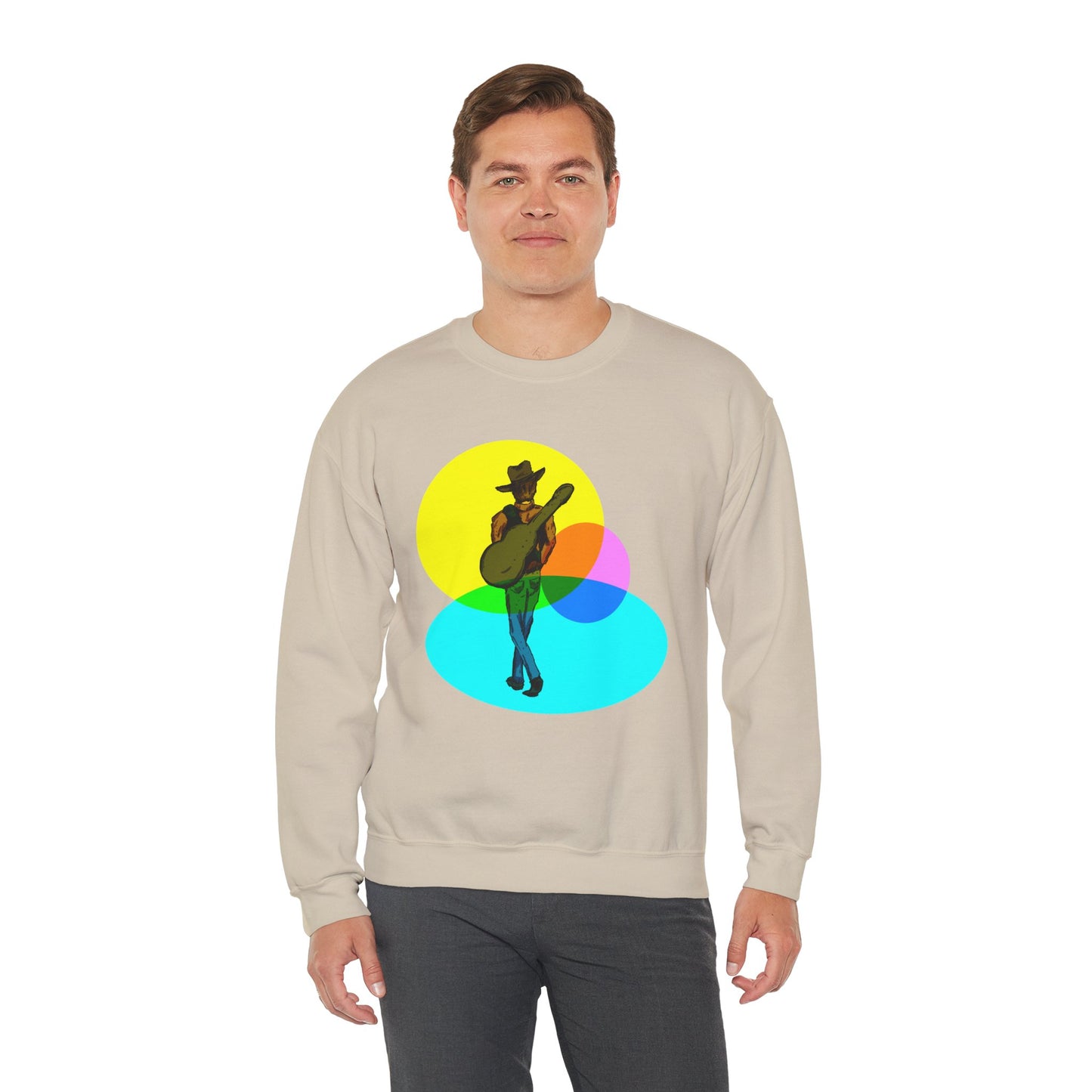 Cowboy Guitarist Graphic Sweatshirt — Retro Color Spot Music Pullover