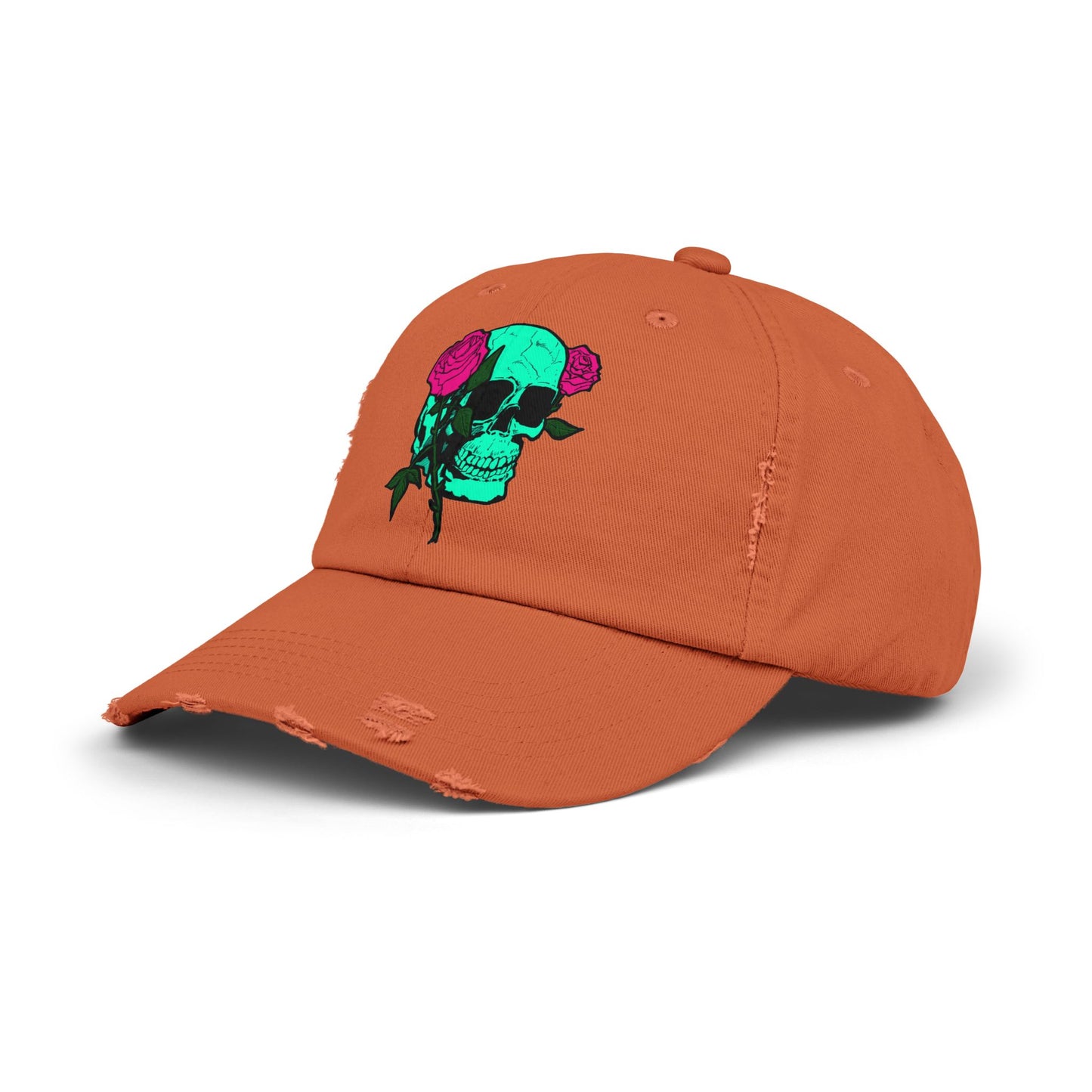 Trendy Distressed Skull Cap with Roses