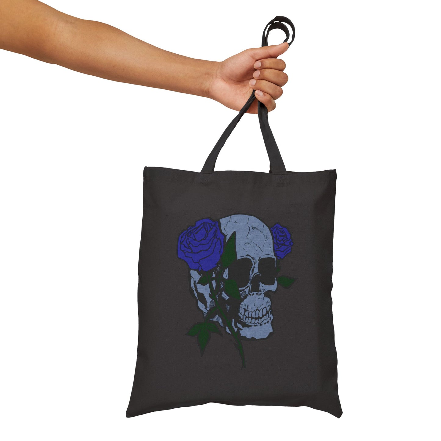 Skull with Blue Roses Cotton Tote Bag – Gothic Floral Canvas Shopper