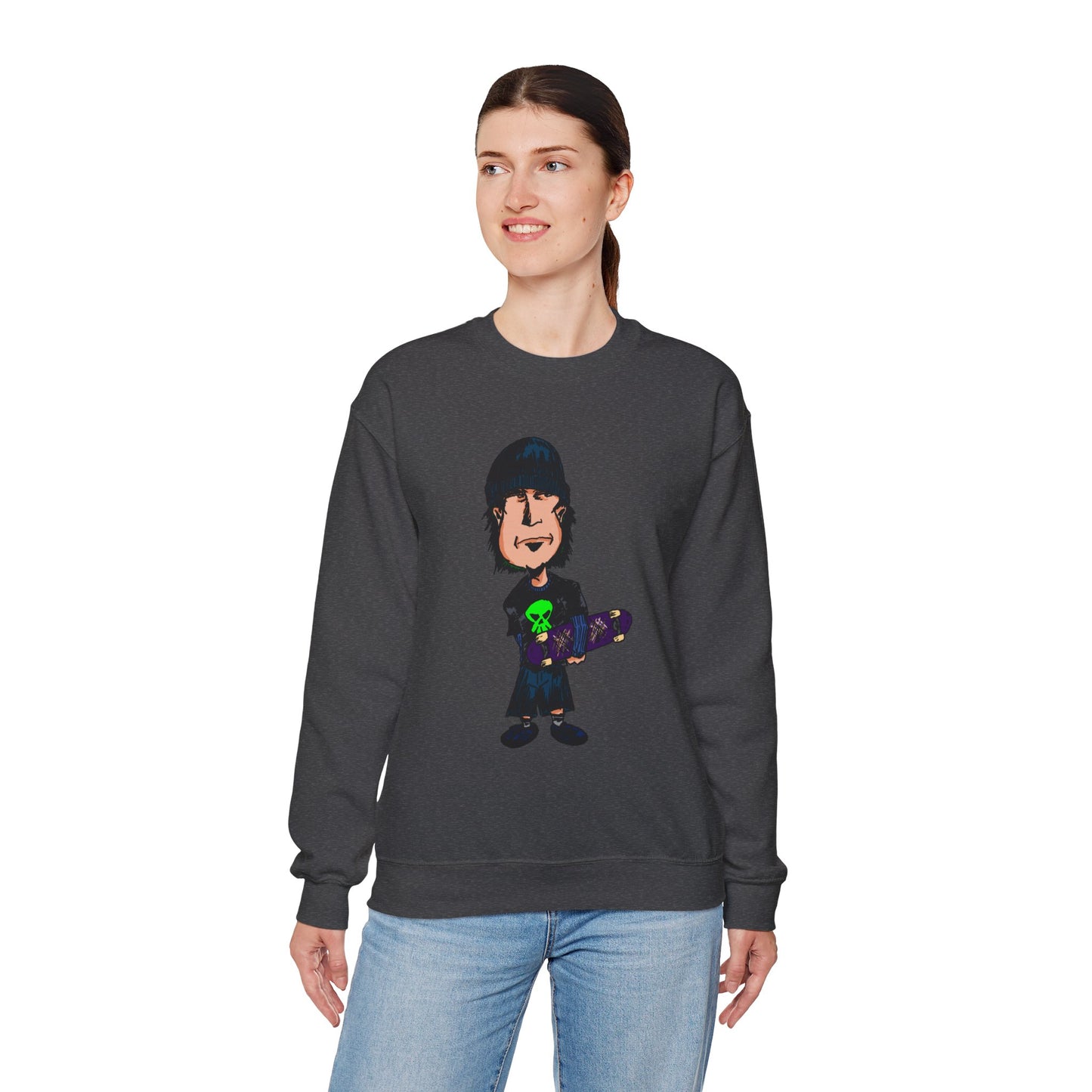Rude Skater Dude - Cartoon Skate Punk Crewneck Sweatshirt — Retro Skateboard Character Graphic