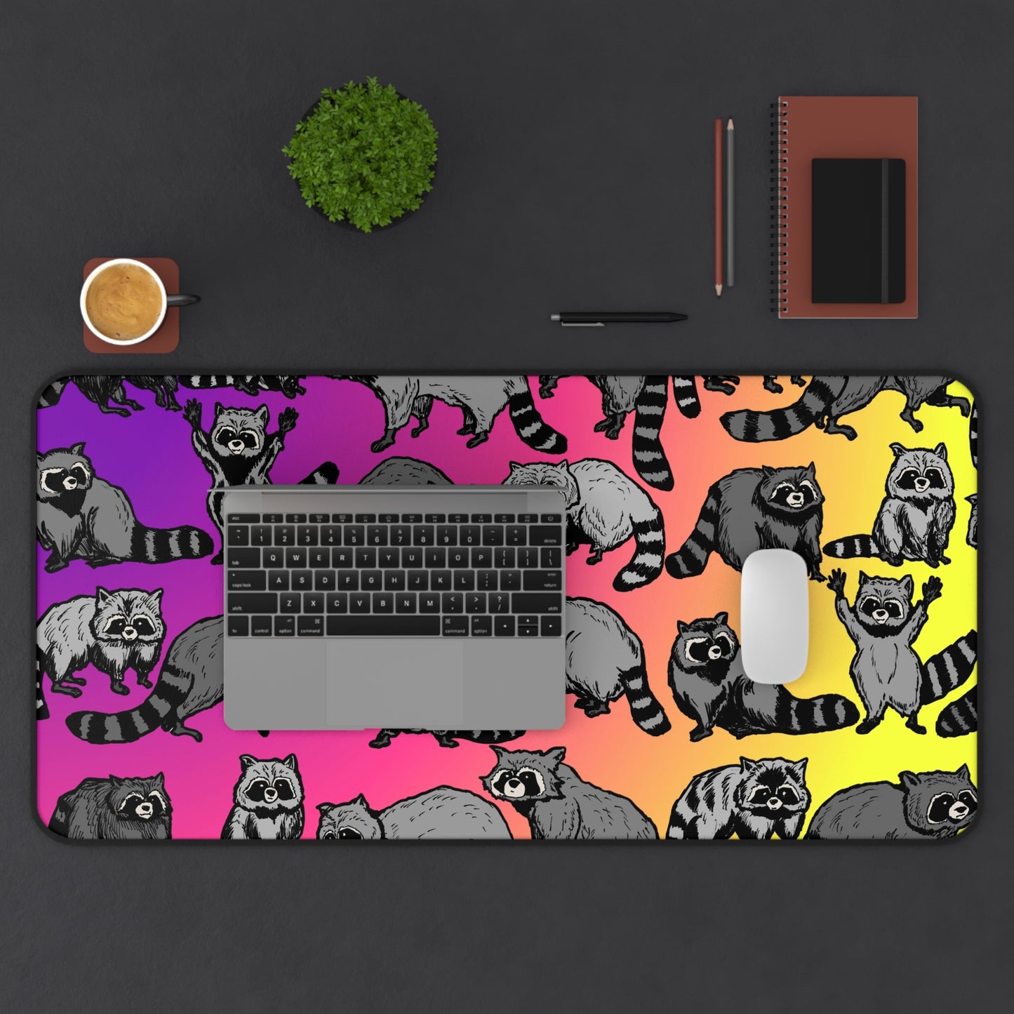 Raccoon Pattern Desk Mat — Colorful Gradient Animal Mouse Pad