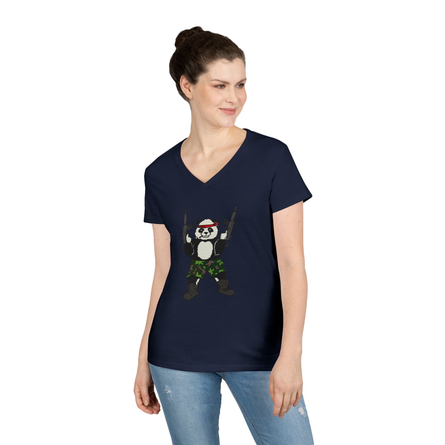 Ladies' V-Neck T-Shirt - Cool Panda with Guns Graphic Tee