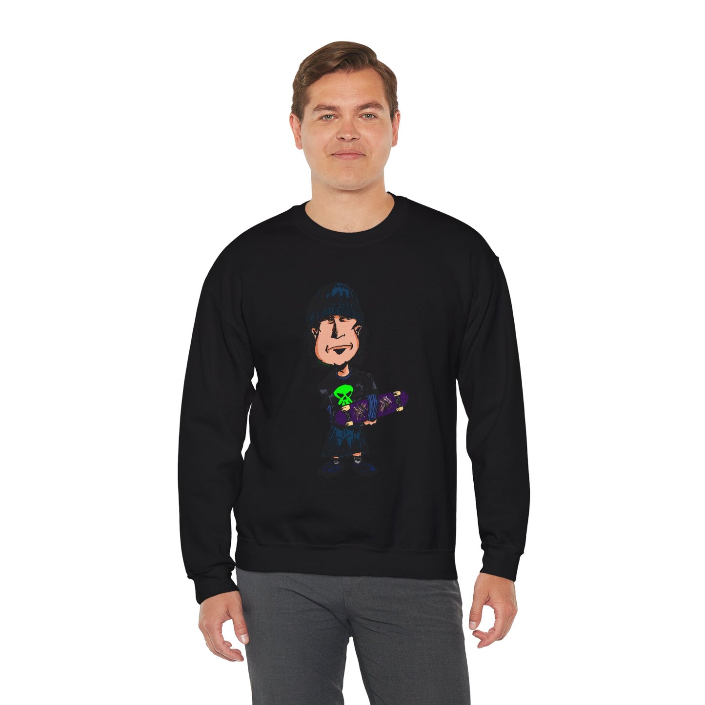 Rude Skater Dude - Cartoon Skate Punk Crewneck Sweatshirt — Retro Skateboard Character Graphic