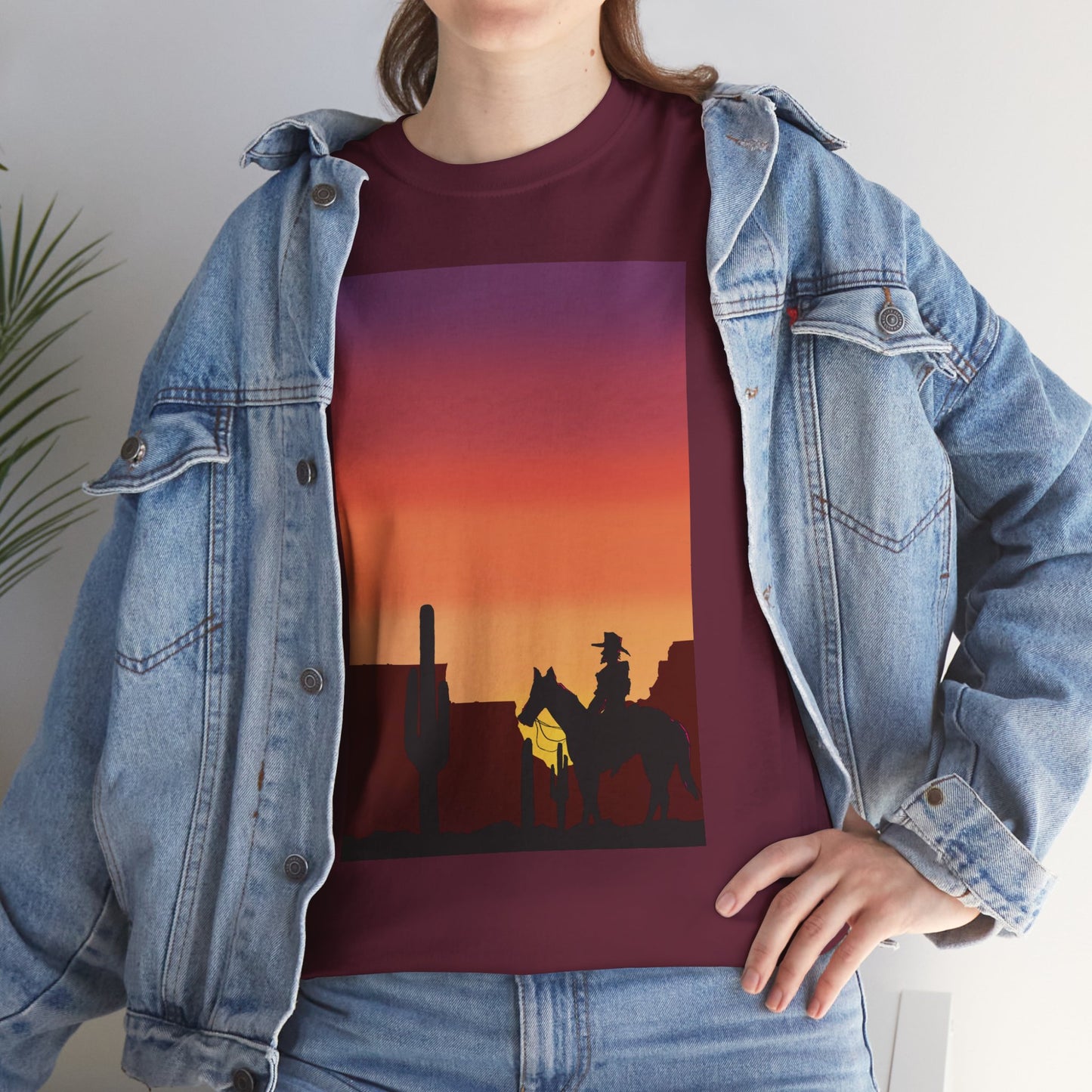 Sunset Cowboy Unisex Heavy Cotton Tee - Western Graphic Tee for Nature Lovers