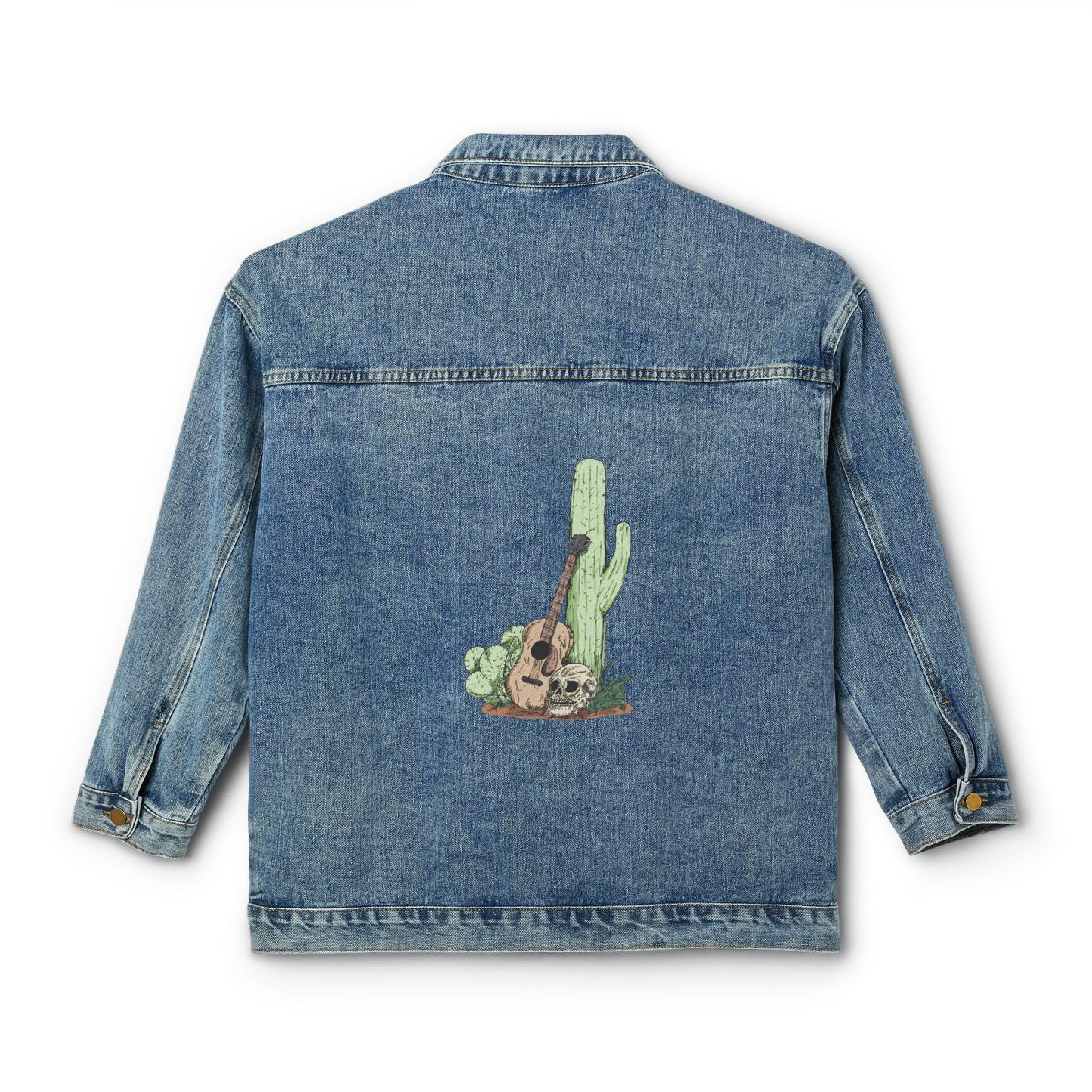 Women's Denim Jacket with Lonely Desert Cactus & Guitar Back Graphic