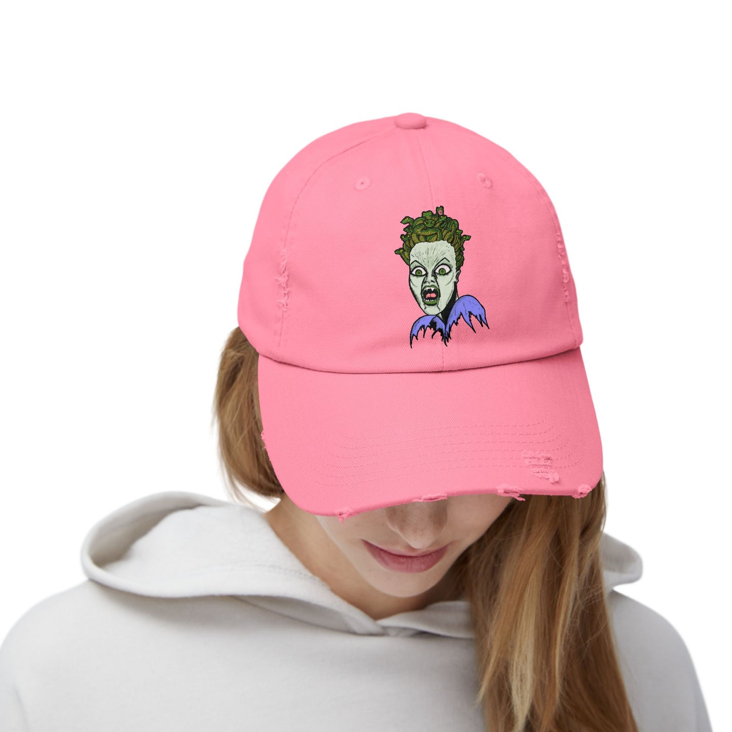 Medusa Unisex Distressed Cap with Eerie Design, Casual Hat, Halloween Accessory, Statement Cap, Gift for Horror Fans, Trendy Distressed Hat