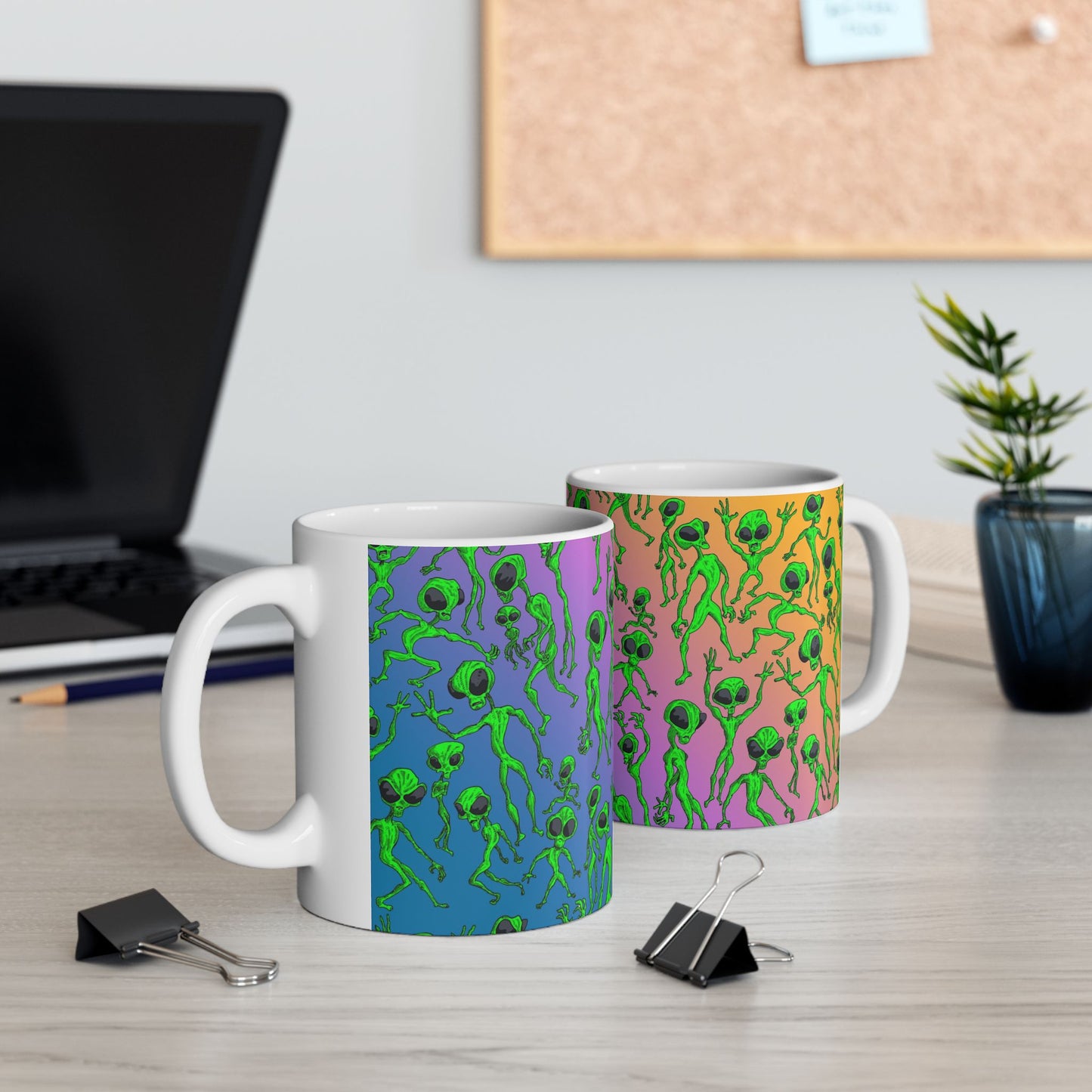 Alien Dance Party Ceramic Mug — Colorful Psychedelic Green Aliens (11oz & 15oz)