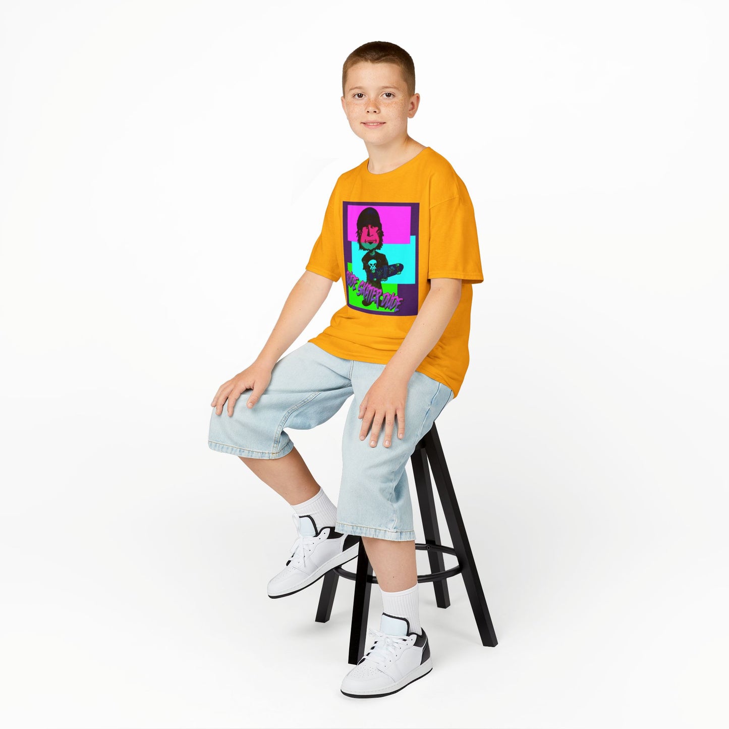 Kids Tee — Retro Neon Rude Skater Dude Kid Graphic T-Shirt