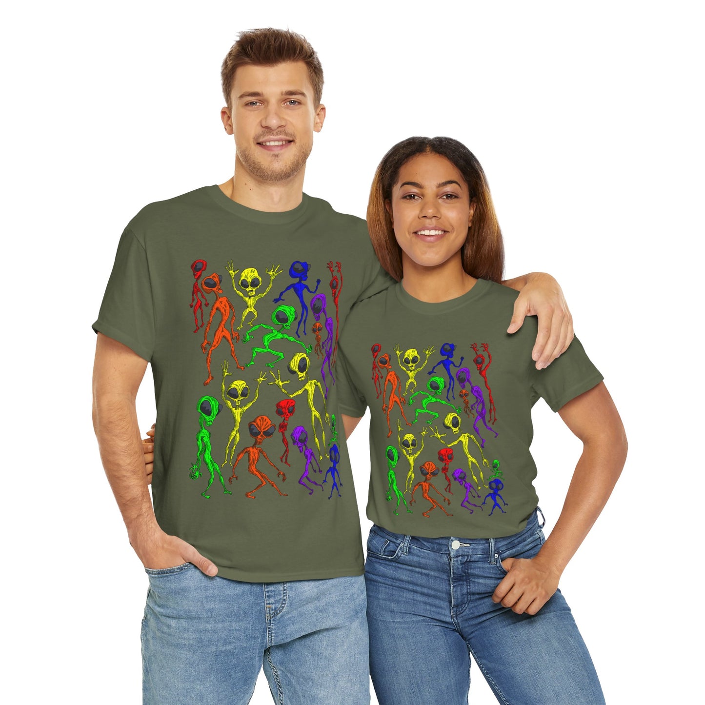 Rainbow Alien Dance Party Unisex Tee - Cosmic Sci-Fi Shirt