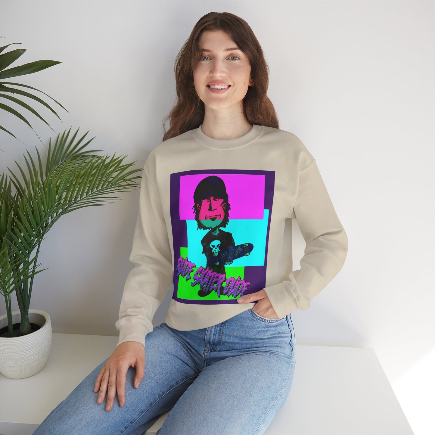 Crewneck Sweatshirt — Retro Neon Skate Punk "Rude Skater Dude" Graphic
