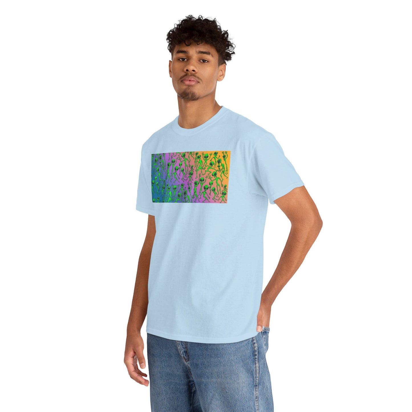 Alien Dance Party Gradient Tee — Colorful Psychedelic Green Aliens Art T-Shirt