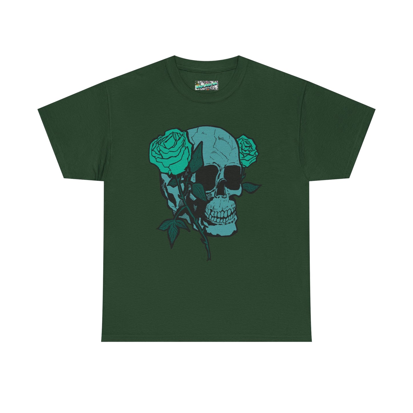 Skull & Roses Graphic Tee — Teal Skull Floral T-Shirt