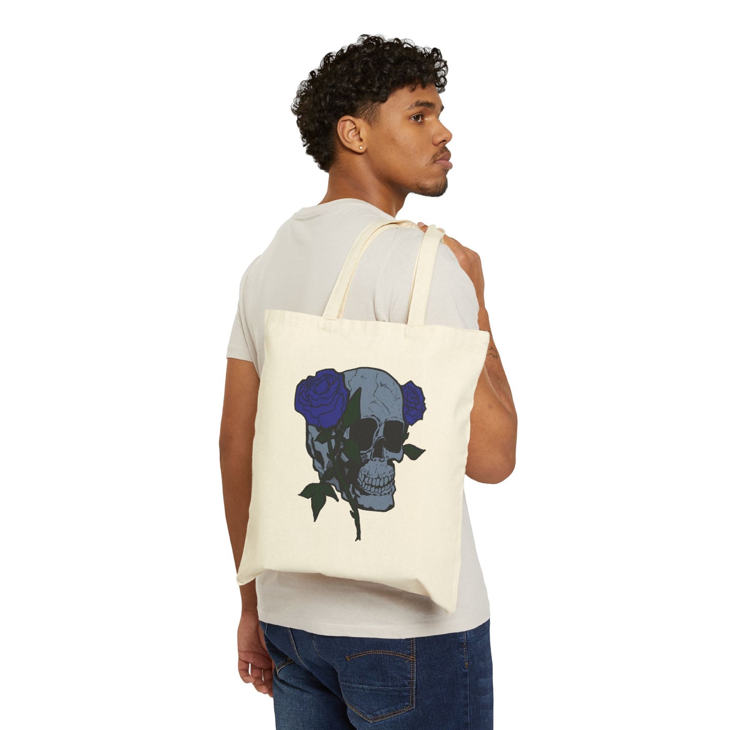 Skull with Blue Roses Cotton Tote Bag – Gothic Floral Canvas Shopper