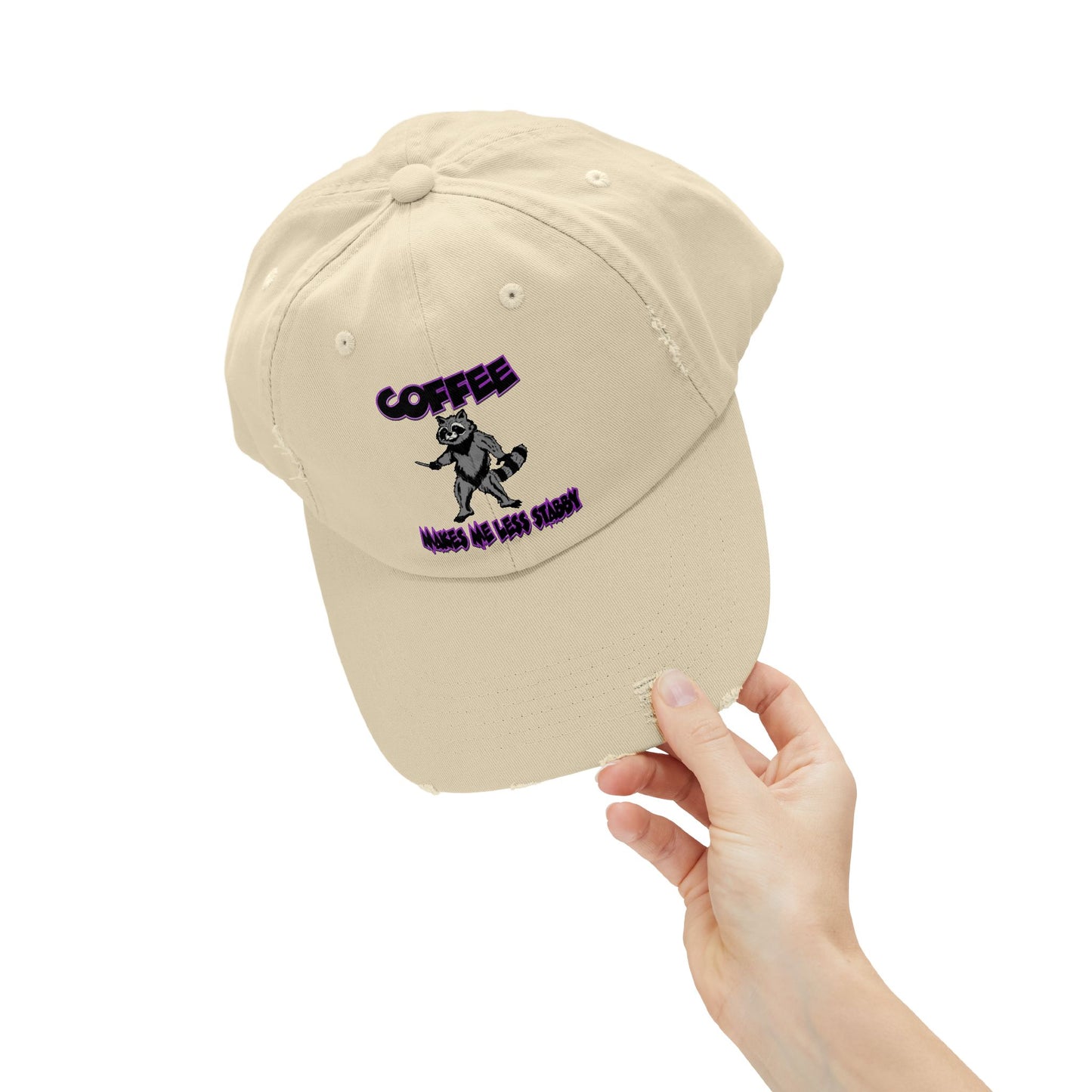 Funny Unisex Distressed Cap - "Coffee Makes Me Less Stabby" - Grumpy Raccoon
