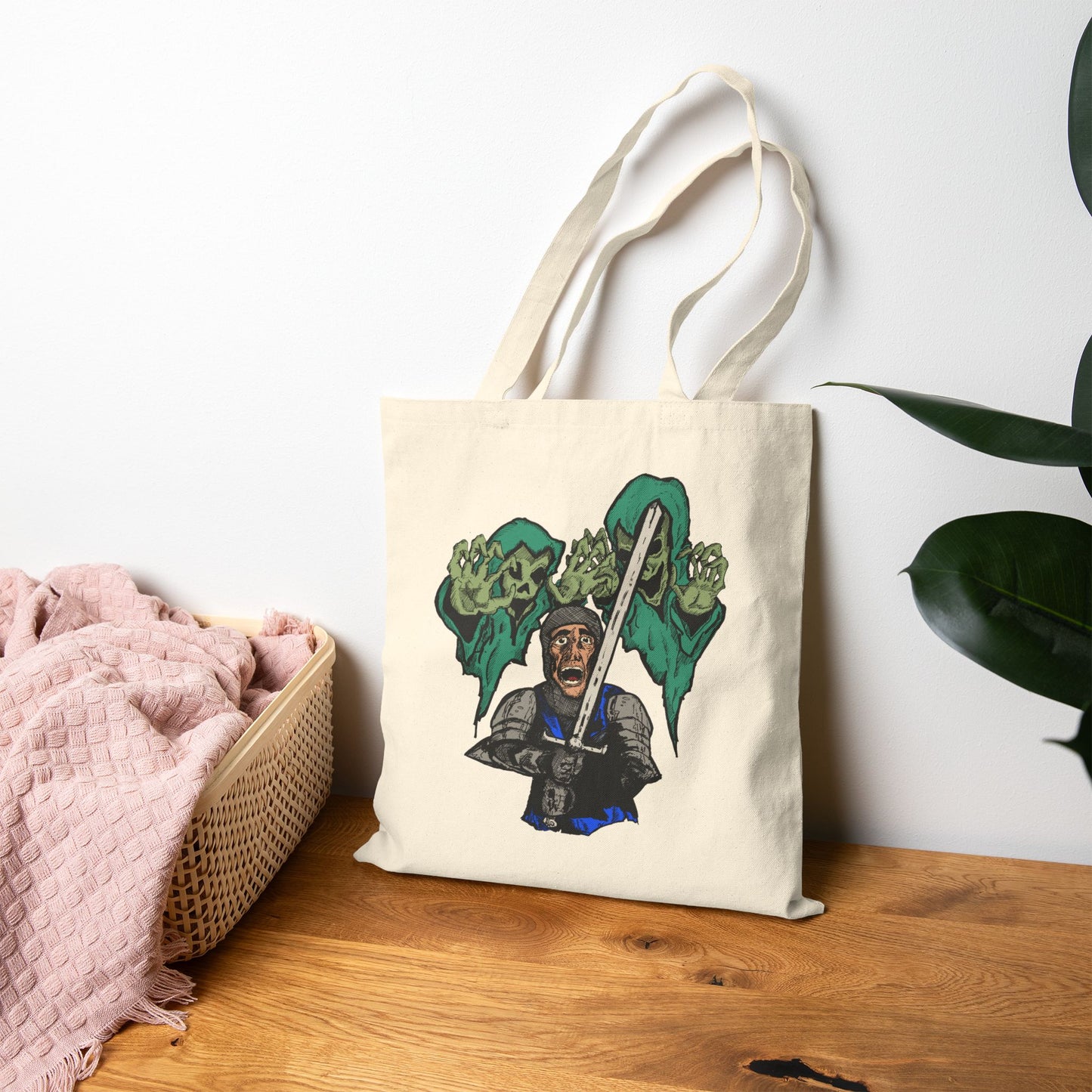 Knight Fright Graphic Canvas Tote — Warrior with Sword & Wraiths Design