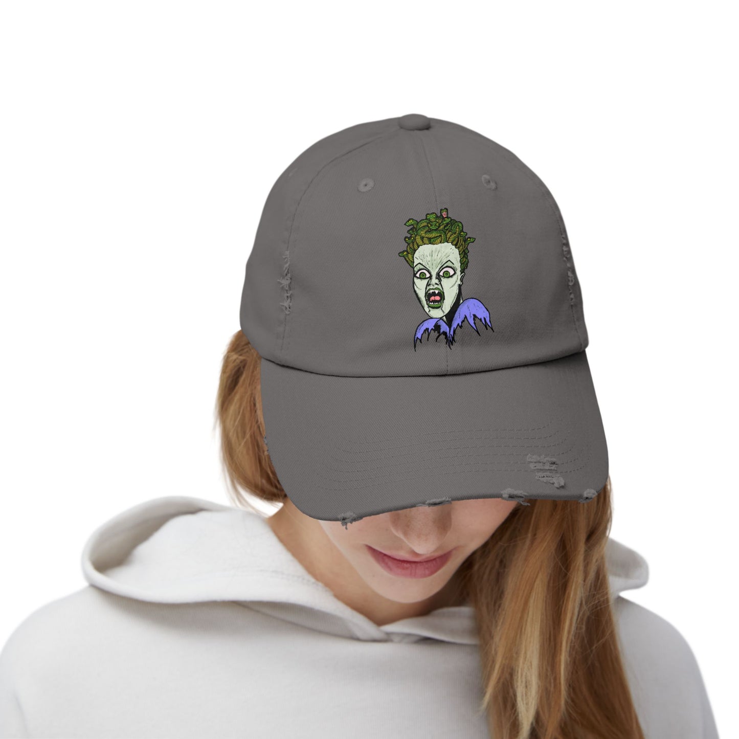 Medusa Unisex Distressed Cap with Eerie Design, Casual Hat, Halloween Accessory, Statement Cap, Gift for Horror Fans, Trendy Distressed Hat
