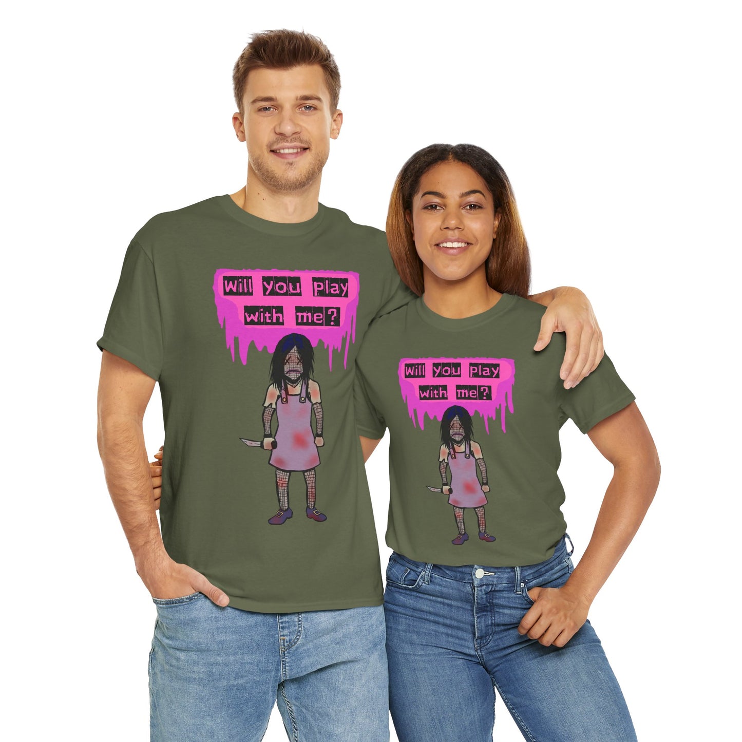 Playful Evil Doll Horror Graphic Tee, Unisex Heavy Cotton Shirt, Casual Wear, Unique Gift, Halloween Costume, Quirky Fashion