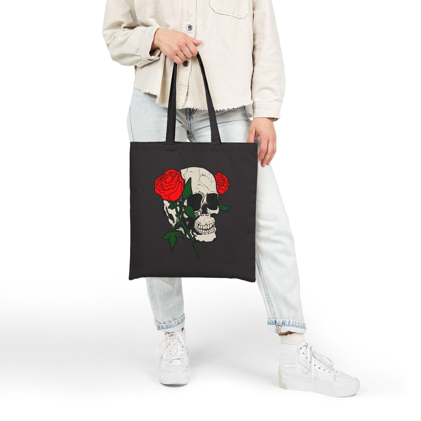 Skull & Roses Canvas Tote Bag — Gothic Floral Reusable Shopper