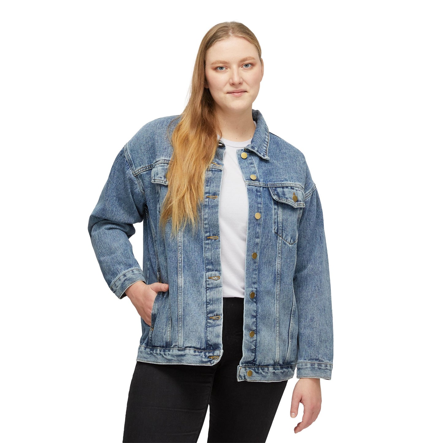 Denim Jacket — Teal Skull with Roses Back Graphic