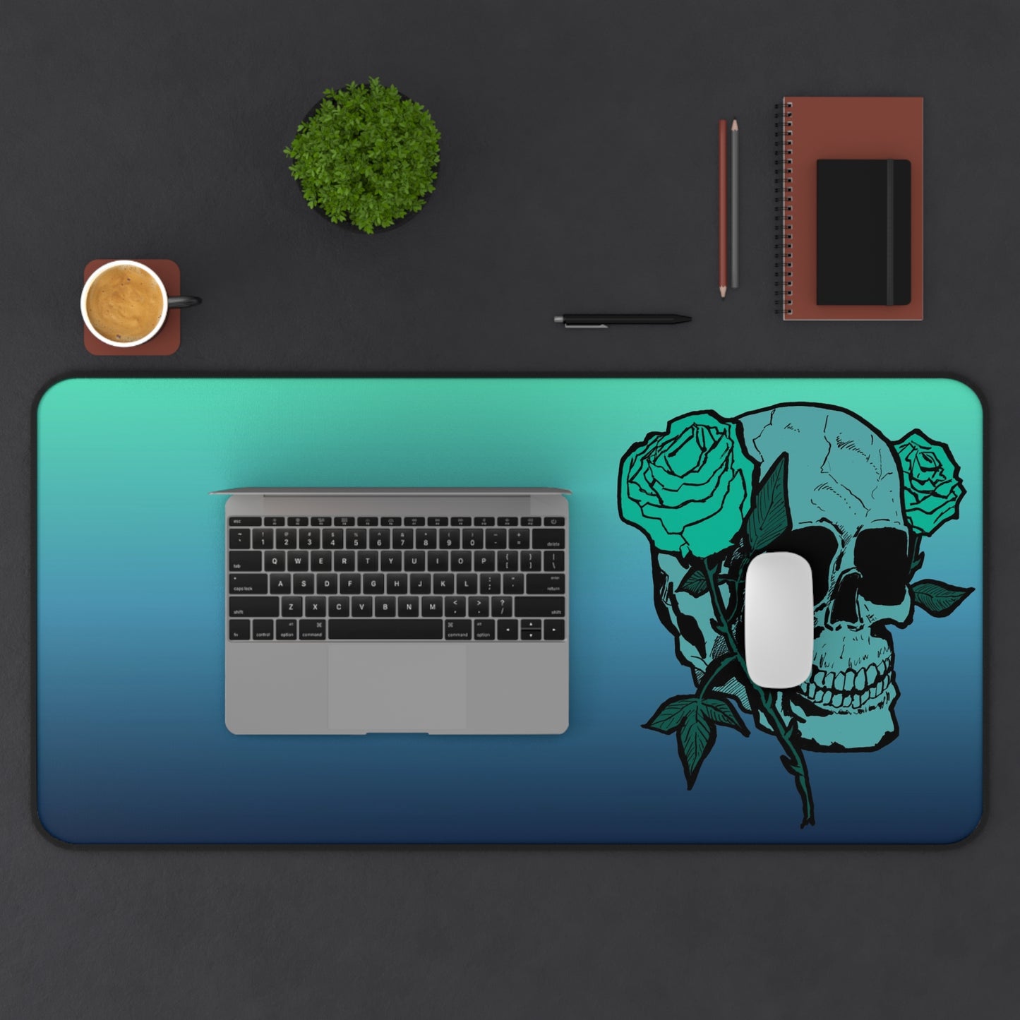 Teal Gradient Skull & Roses Desk Mat — Gothic Gaming Mousepad