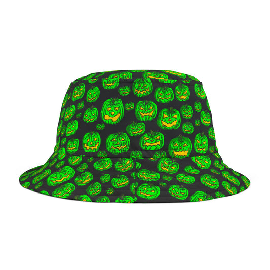 Monster Green Jack O Lantern Halloween Bucket Hat, Spooky Fall Accessory, Festival Hat, Trick or Treat Gear, Unisex Hat