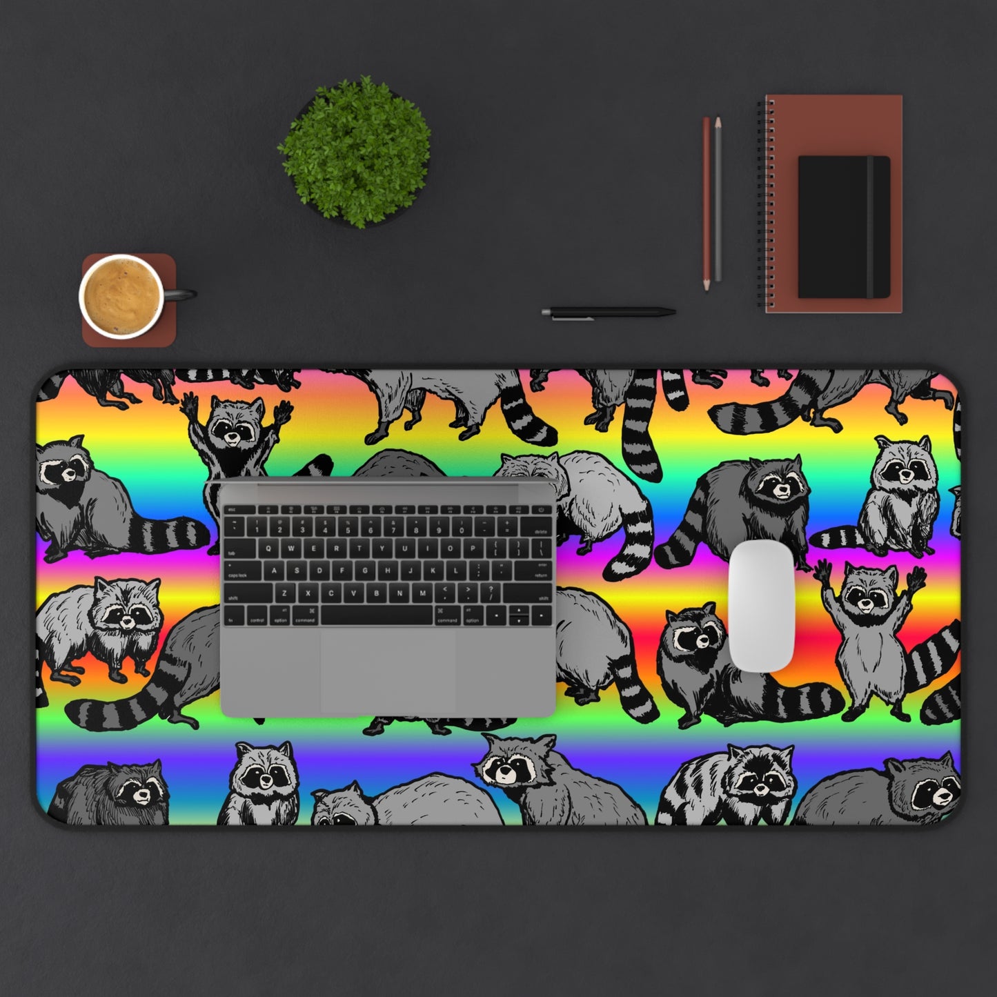 Rainbow Raccoon Desk Mat — Cute Colorful Gaming/Office Mouse Pad