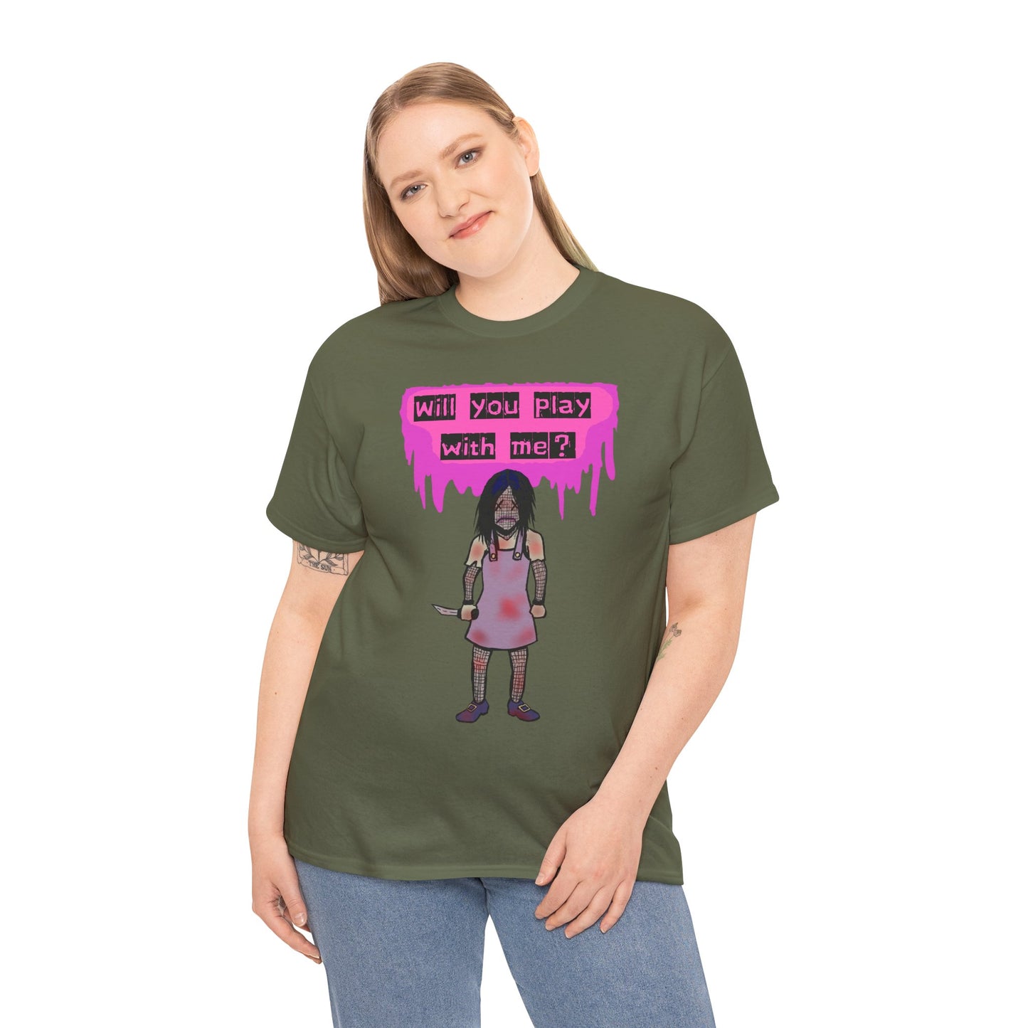 Playful Evil Doll Horror Graphic Tee, Unisex Heavy Cotton Shirt, Casual Wear, Unique Gift, Halloween Costume, Quirky Fashion