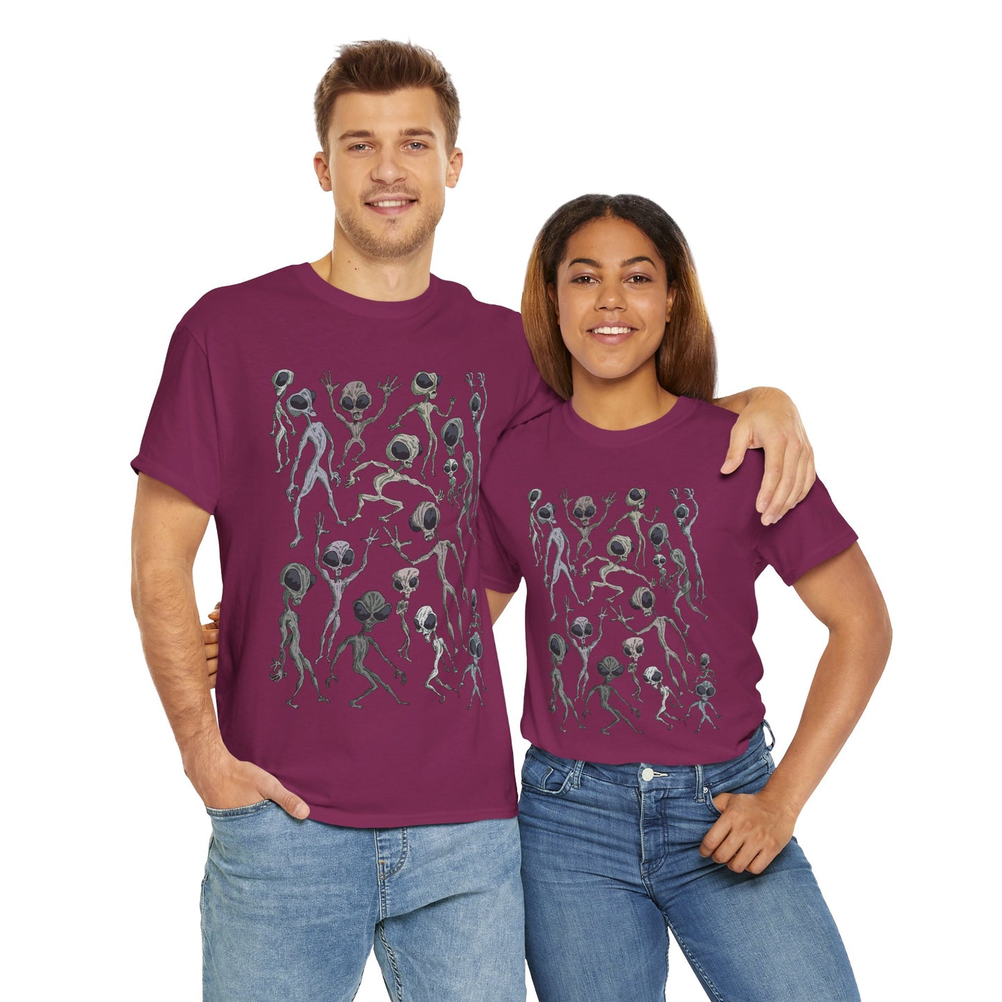 Funky Alien Dance Party Tee, Unisex Heavy Cotton Shirt, Fun Graphic Tee, Casual Wear for Parties, Unique Gift for Alien Lovers