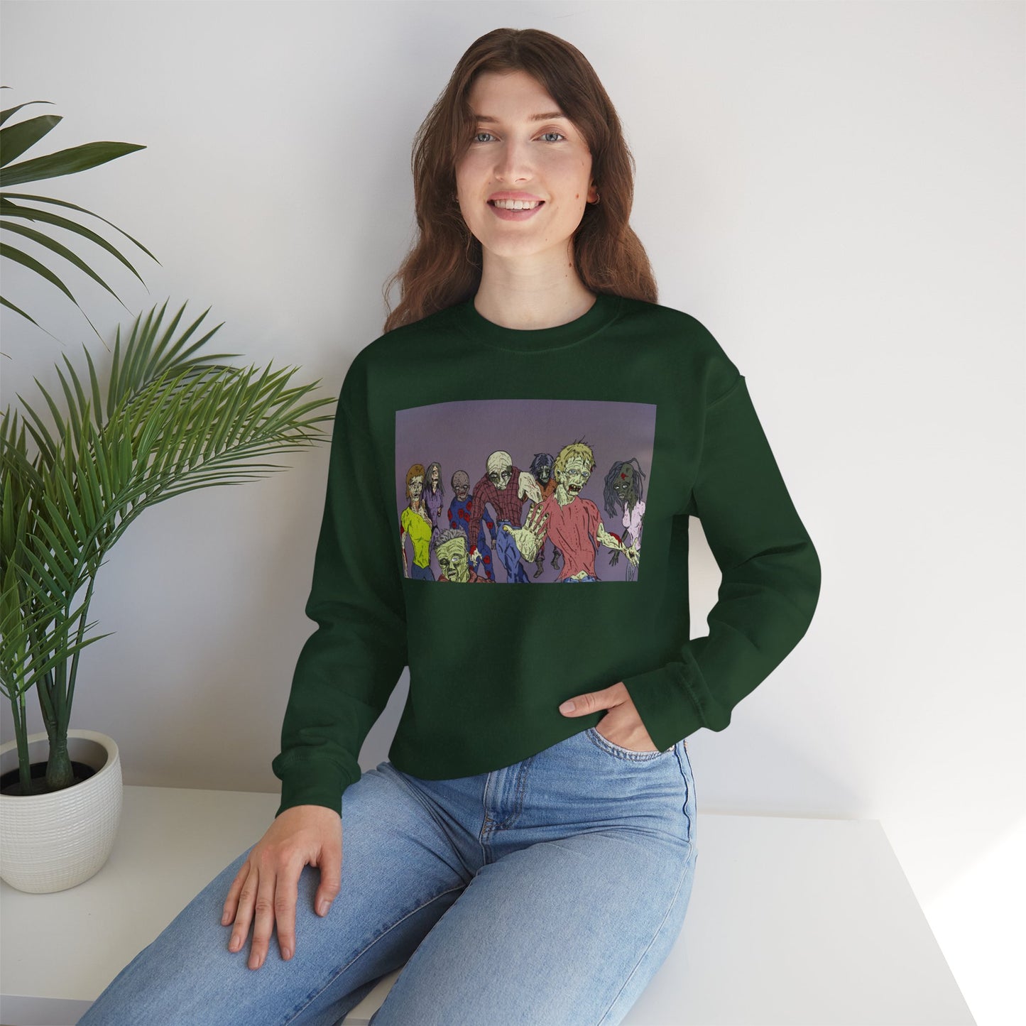 Zombie-Themed Unisex Crewneck Sweatshirt - Perfect for Halloween and Horror Lovers