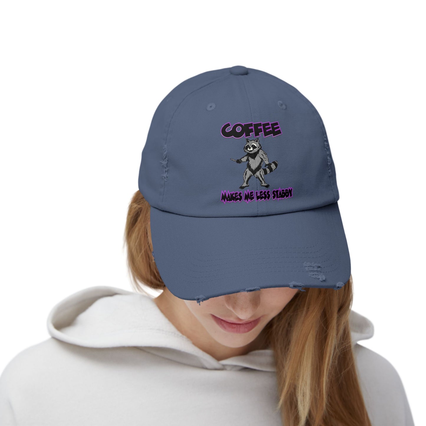 Funny Unisex Distressed Cap - "Coffee Makes Me Less Stabby" - Grumpy Raccoon